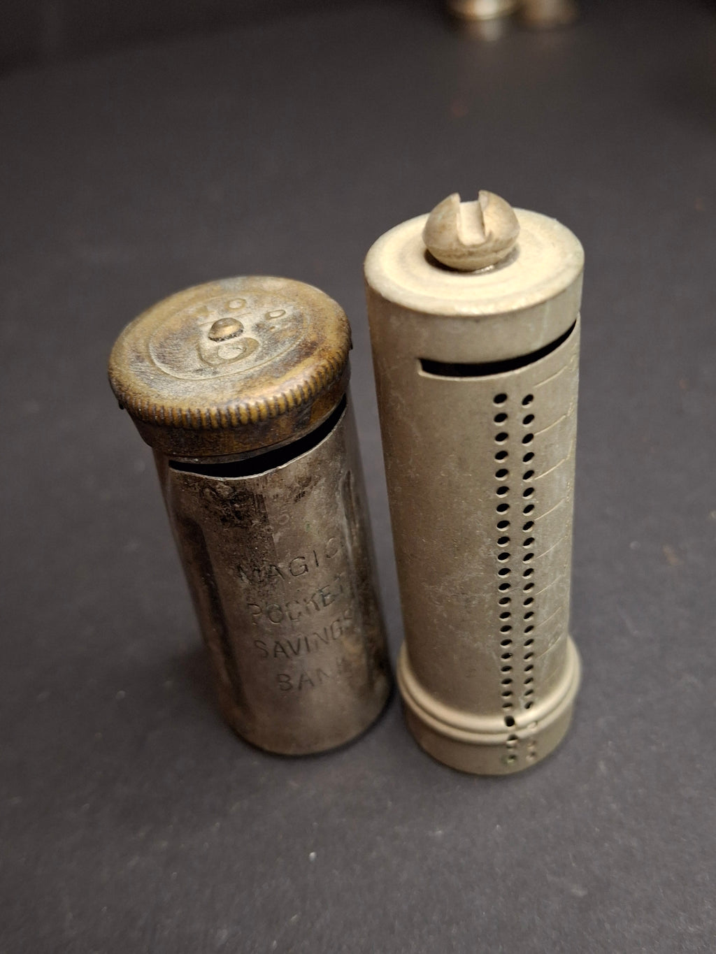 Antique Pocket Coin Savings Banks Lot of 2 | 1890s Magic Pocket Savings Bank & B&R Mfg Co New York Dime Tube Bank Register