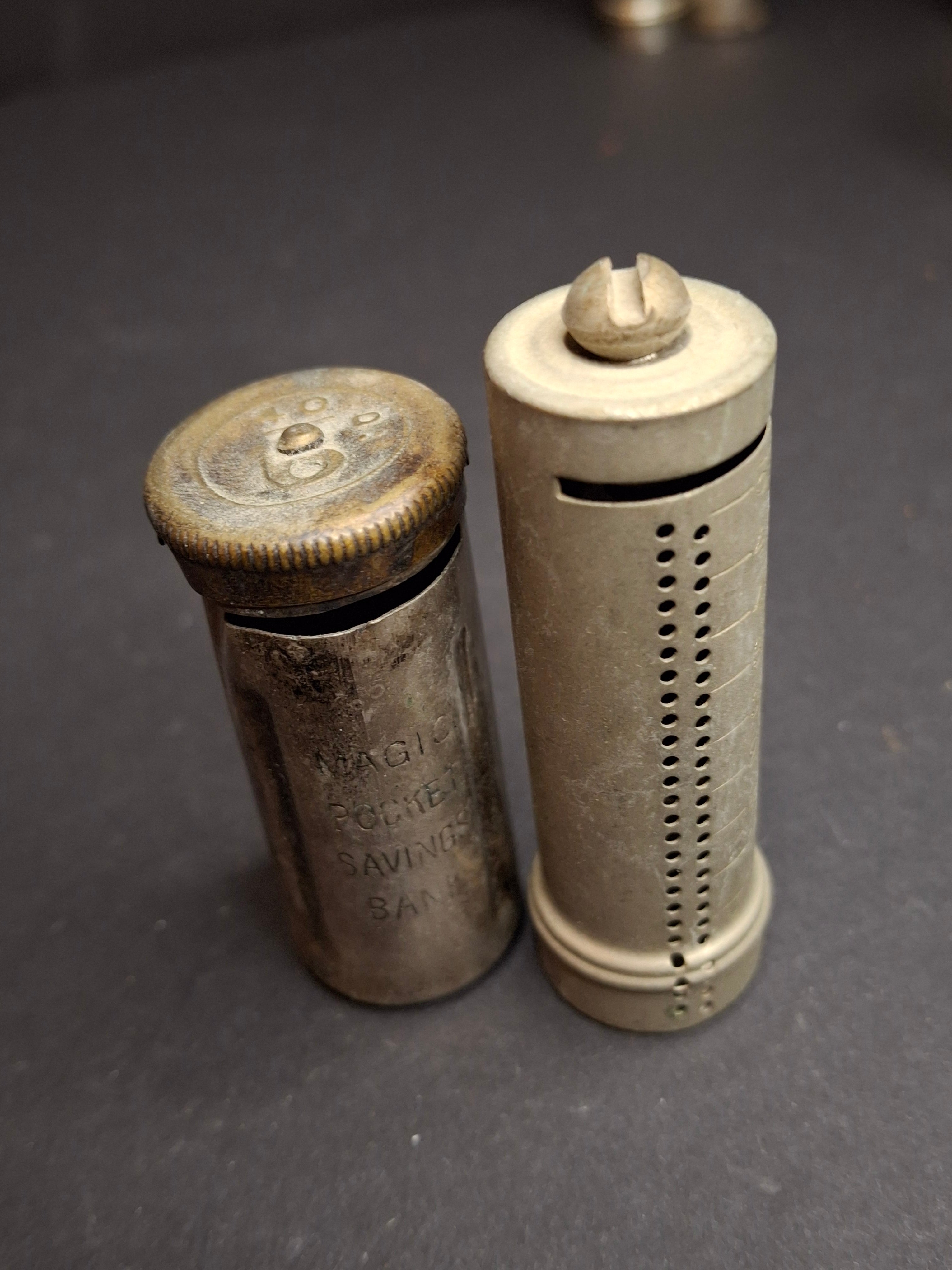 Antique Pocket Coin Savings Banks Lot of 2 | 1890s Magic Pocket Savings Bank & B&R Mfg Co New York Dime Tube Bank Register