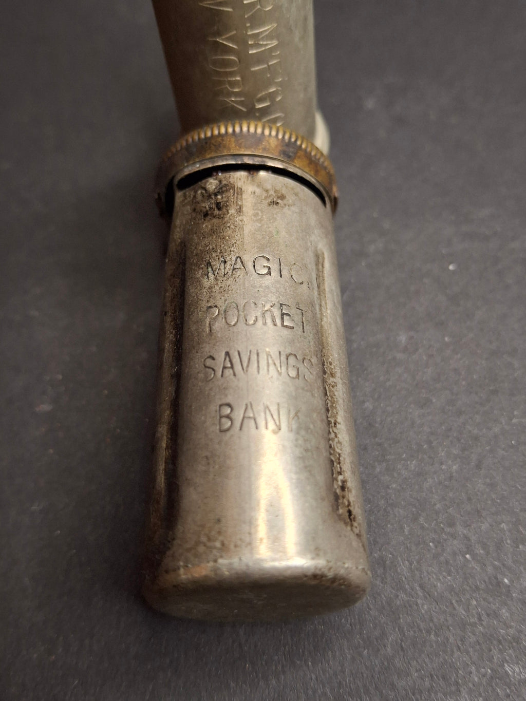 Antique Pocket Coin Savings Banks Lot of 2 | 1890s Magic Pocket Savings Bank & B&R Mfg Co New York Dime Tube Bank Register