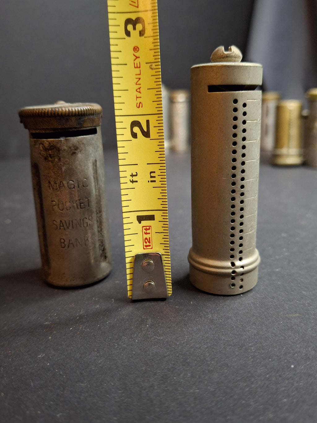 Antique Pocket Coin Savings Banks Lot of 2 | 1890s Magic Pocket Savings Bank & B&R Mfg Co New York Dime Tube Bank Register