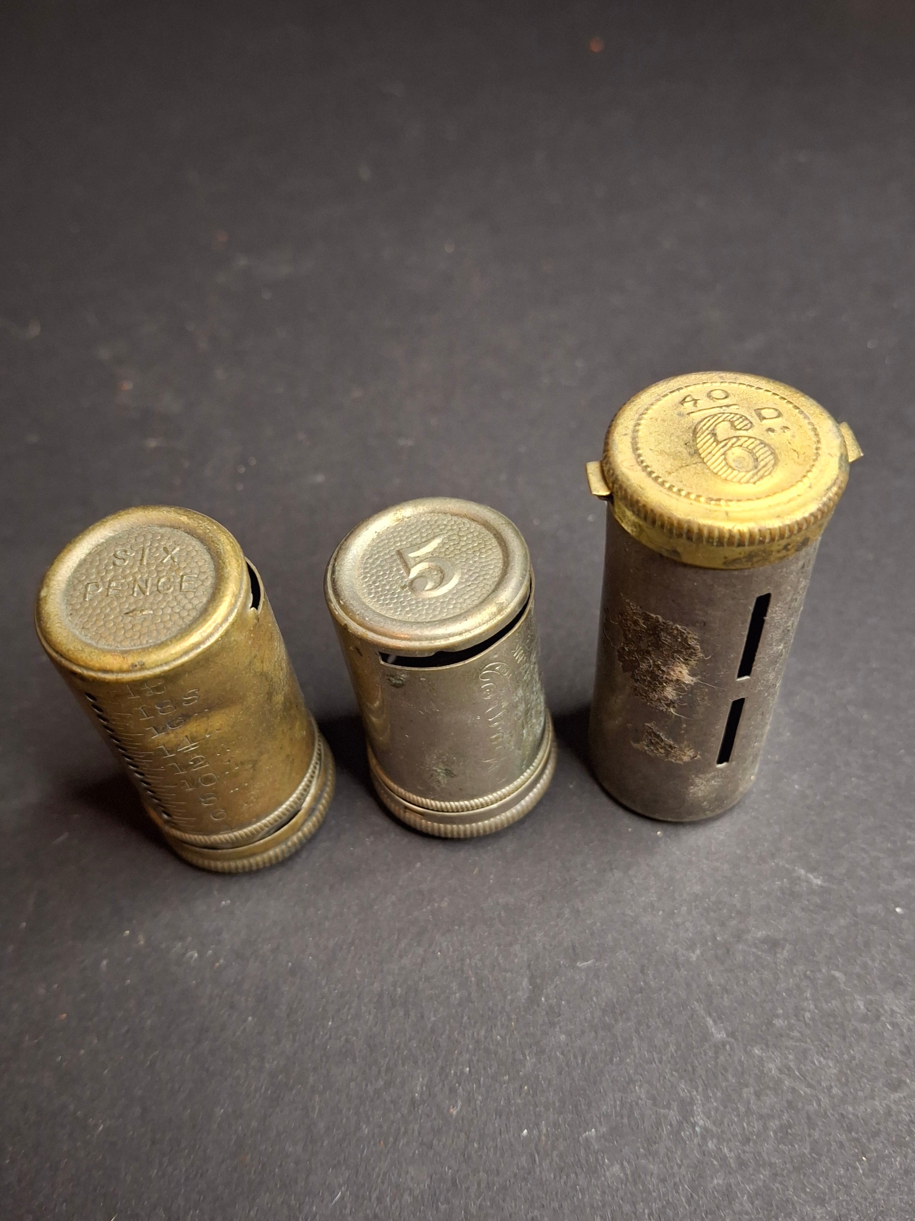 Lot of 3 Antique Magic Pocket Banks 1890-1950s Surplus Six Pence Coin Counters