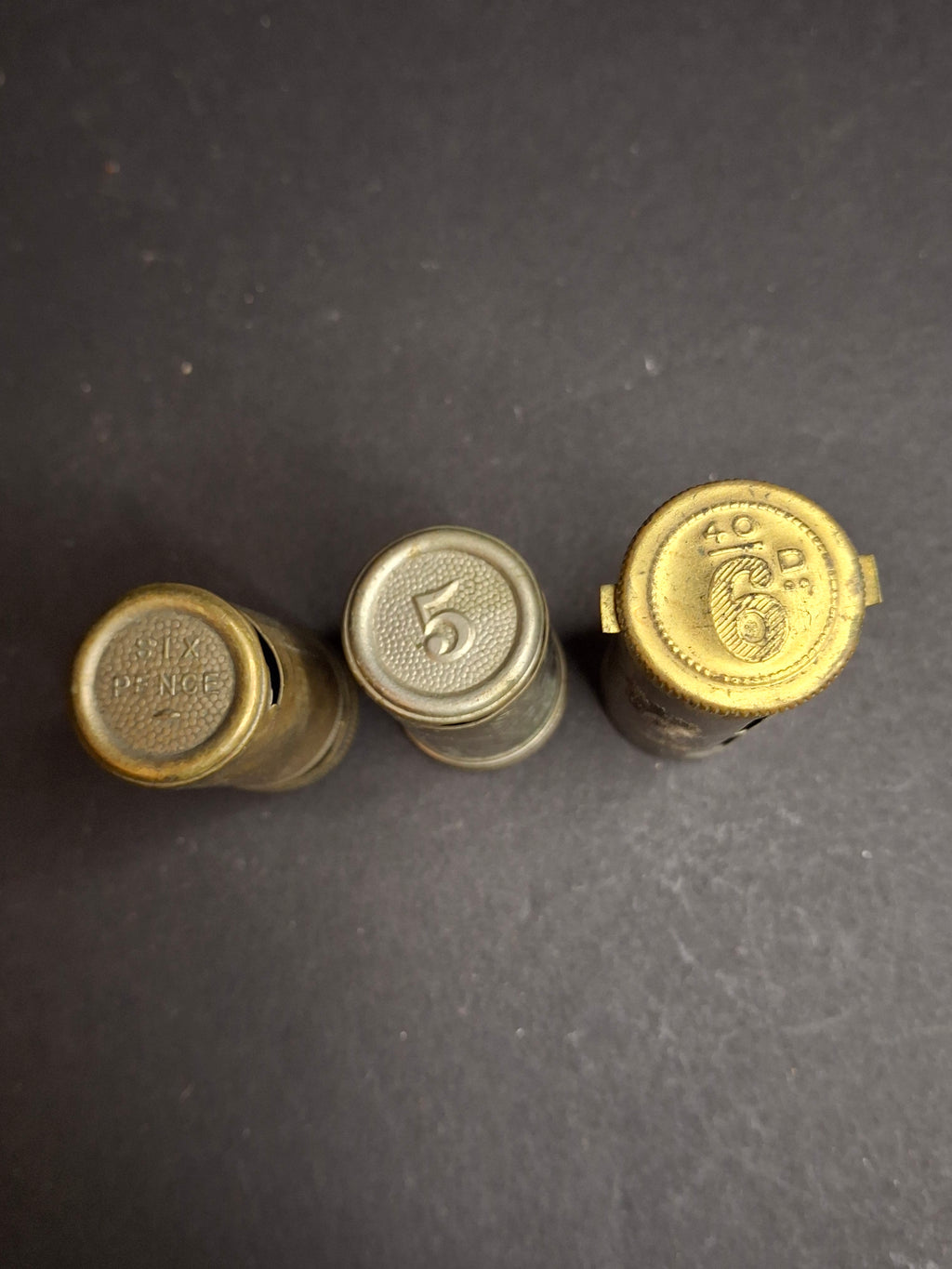 Lot of 3 Antique Magic Pocket Banks 1890-1950s Surplus Six Pence Coin Counters