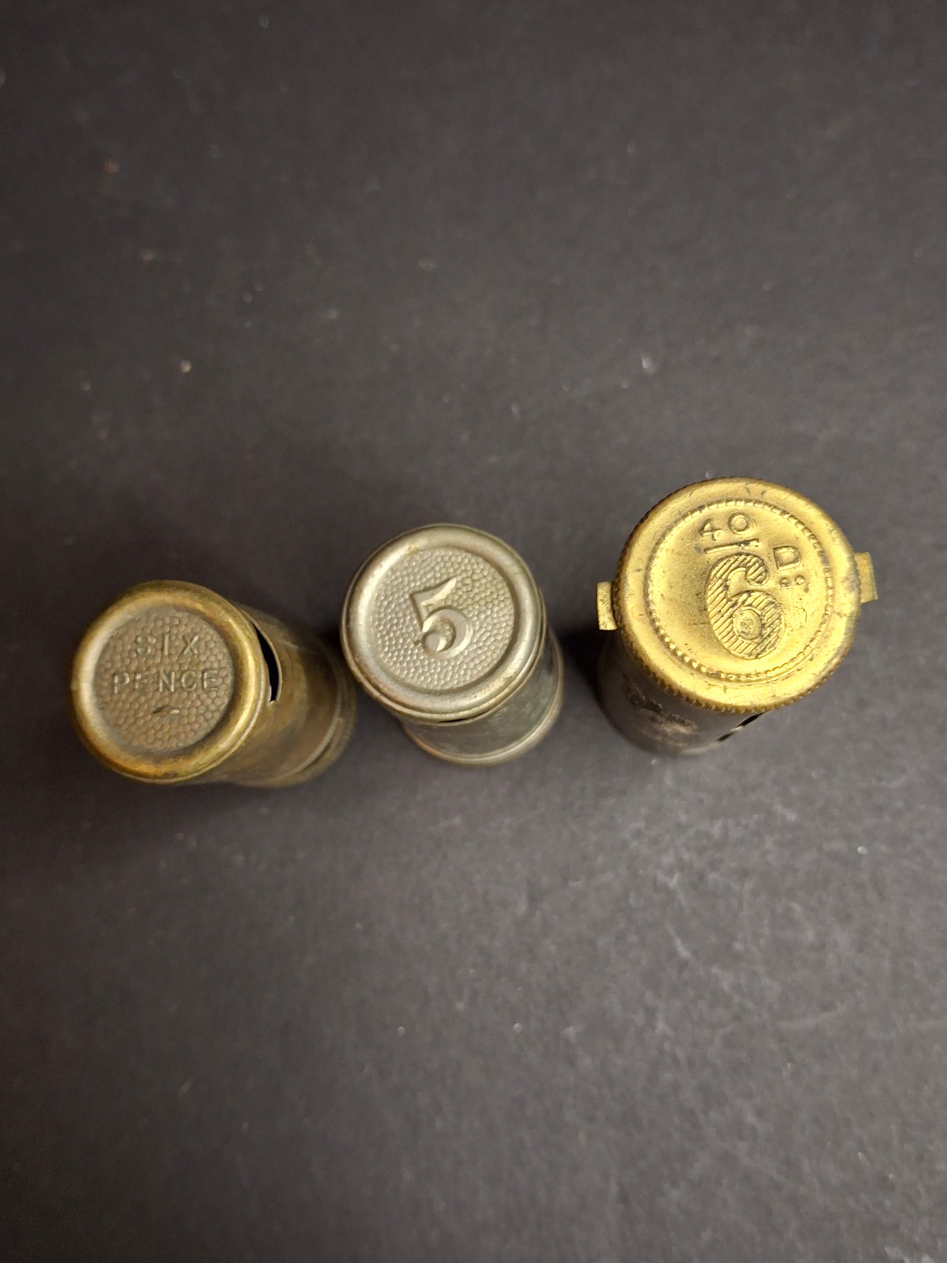 Lot of 3 Antique Magic Pocket Banks 1890-1950s Surplus Six Pence Coin Counters