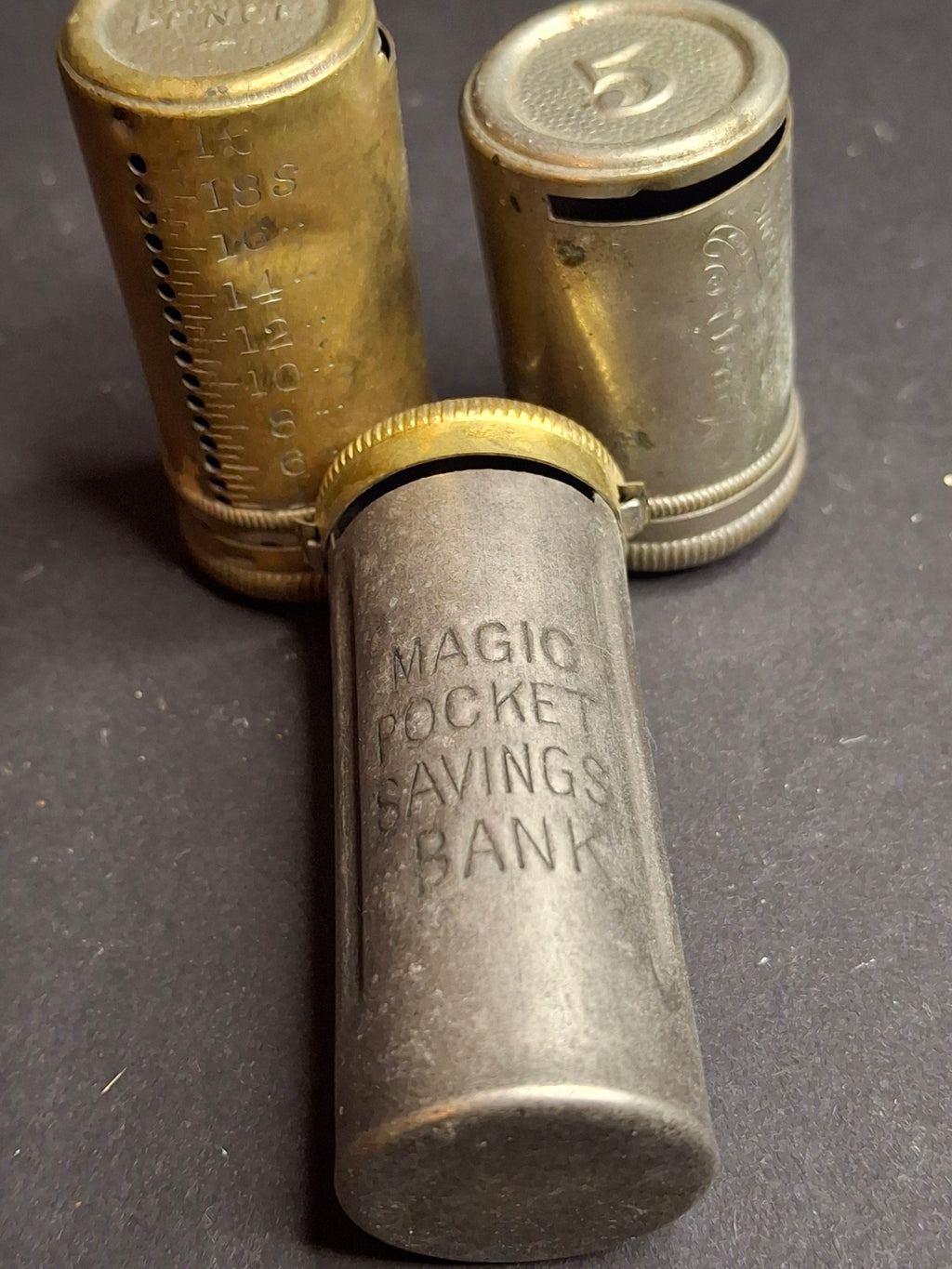 Lot of 3 Antique Magic Pocket Banks 1890-1950s Surplus Six Pence Coin Counters