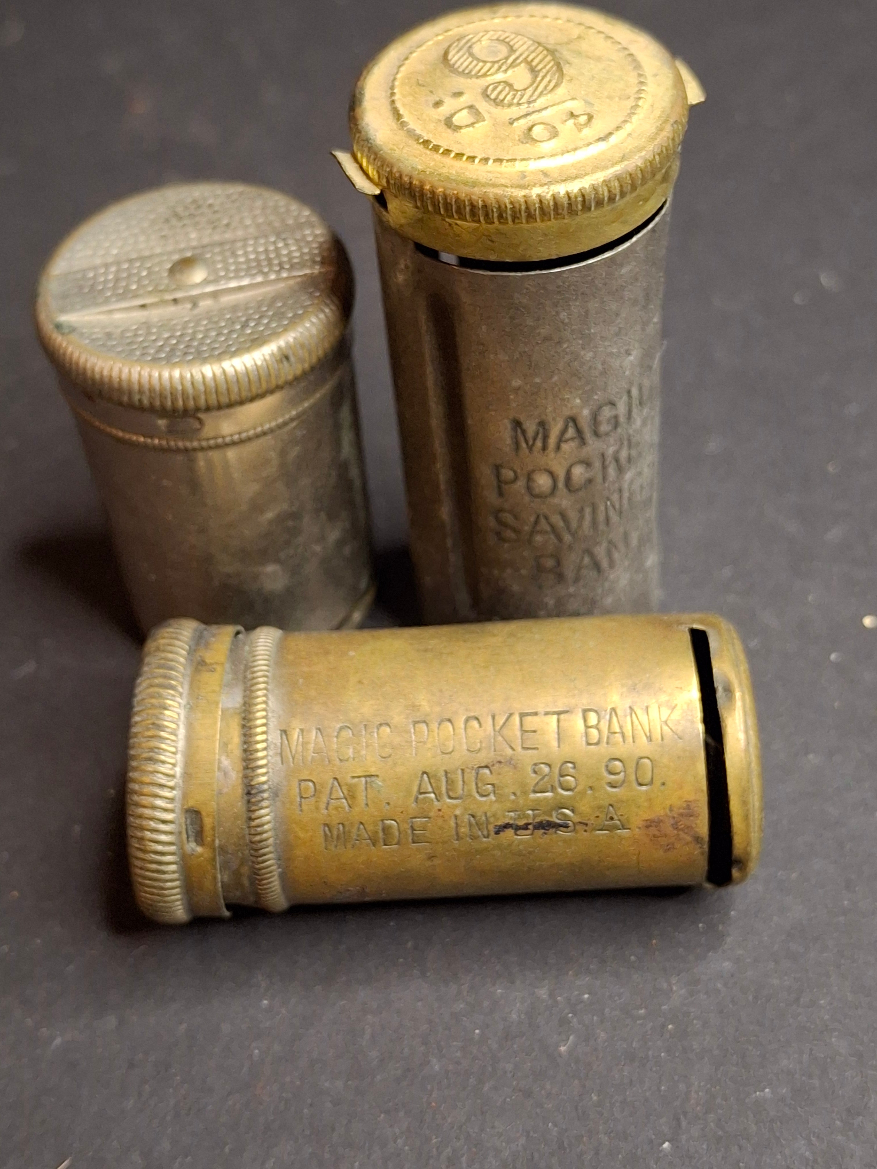Lot of 3 Antique Magic Pocket Banks 1890-1950s Surplus Six Pence Coin Counters