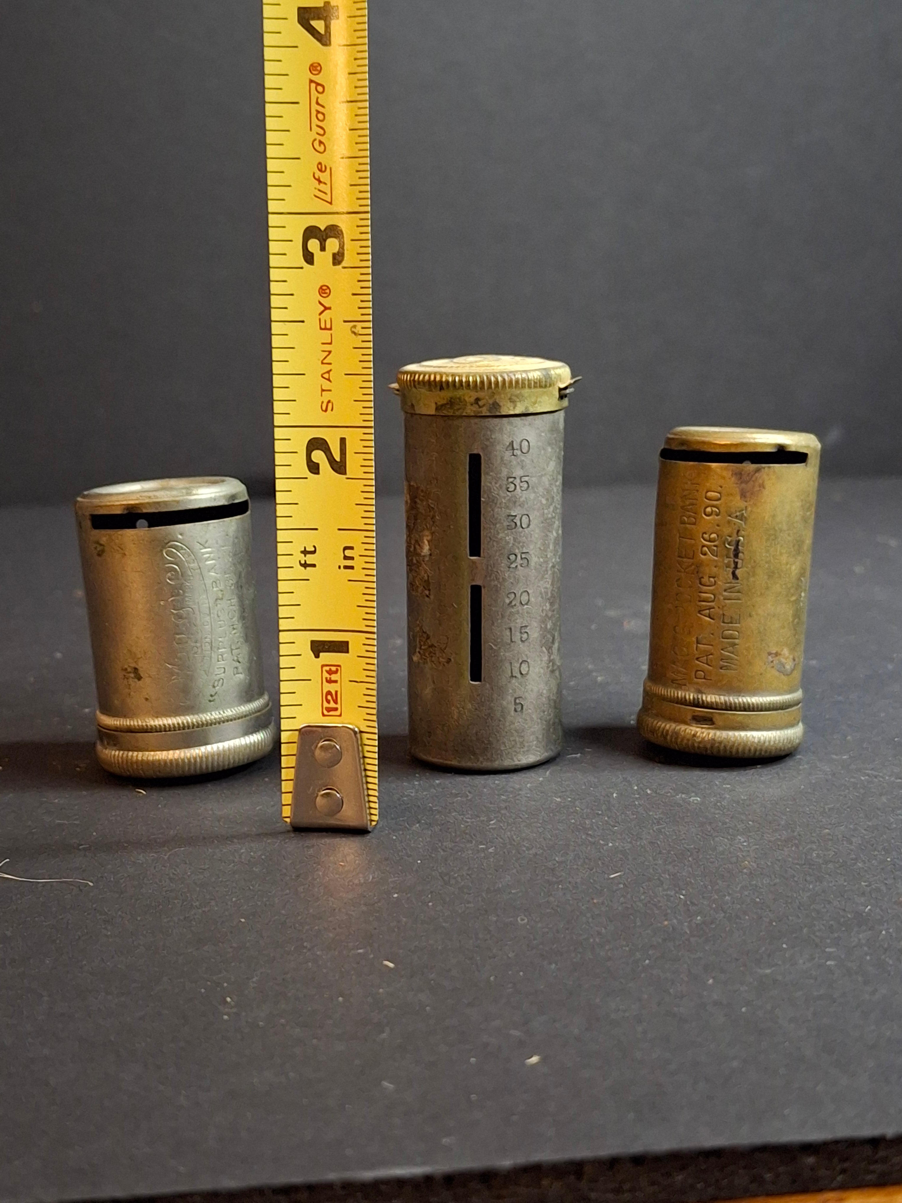 Lot of 3 Antique Magic Pocket Banks 1890-1950s Surplus Six Pence Coin Counters