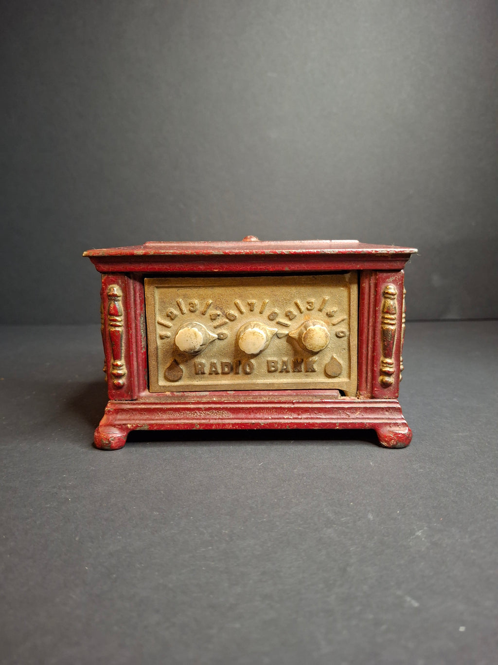 Antique Kenton Toys Cast Iron Radio Bank 1920s Small 3-Dial Safe Red Paint