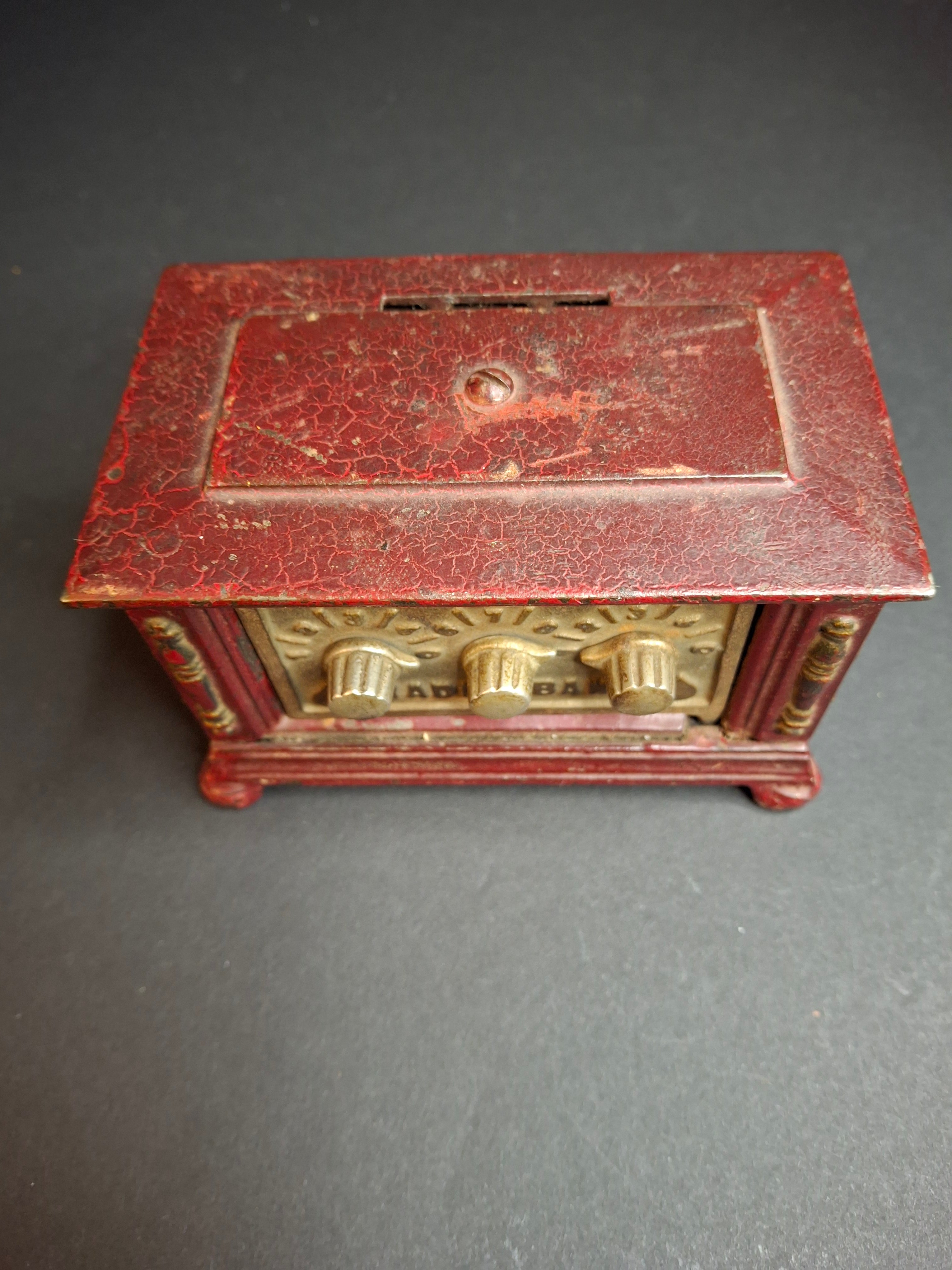 Antique Kenton Toys Cast Iron Radio Bank 1920s Small 3-Dial Safe Red Paint