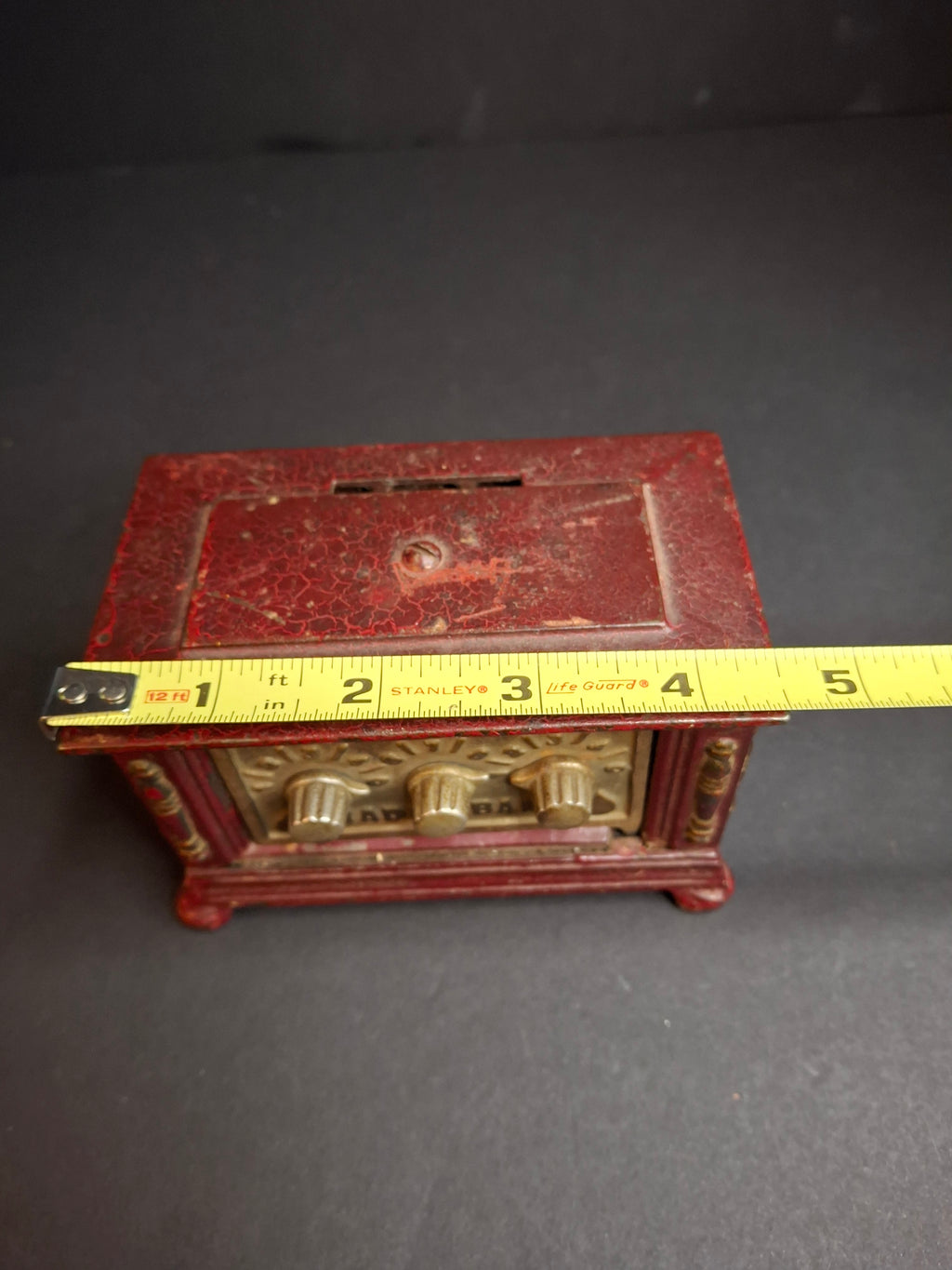 Antique Kenton Toys Cast Iron Radio Bank 1920s Small 3-Dial Safe Red Paint