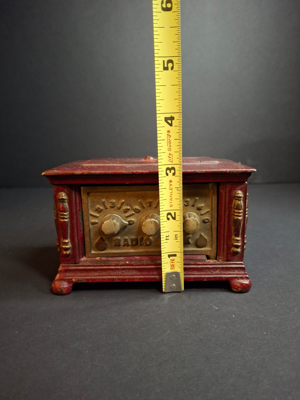 Antique Kenton Toys Cast Iron Radio Bank 1920s Small 3-Dial Safe Red Paint
