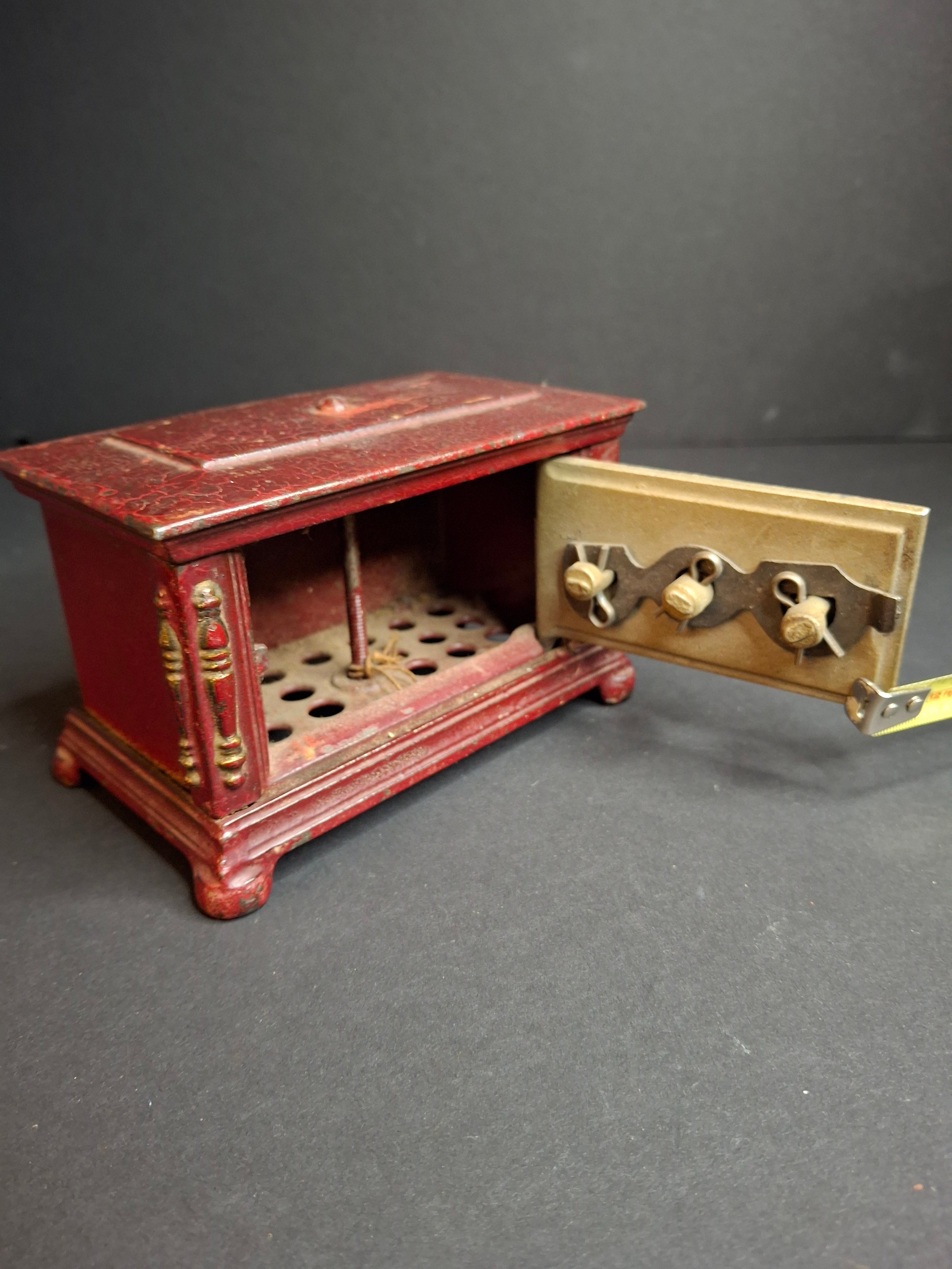 Antique Kenton Toys Cast Iron Radio Bank 1920s Small 3-Dial Safe Red Paint