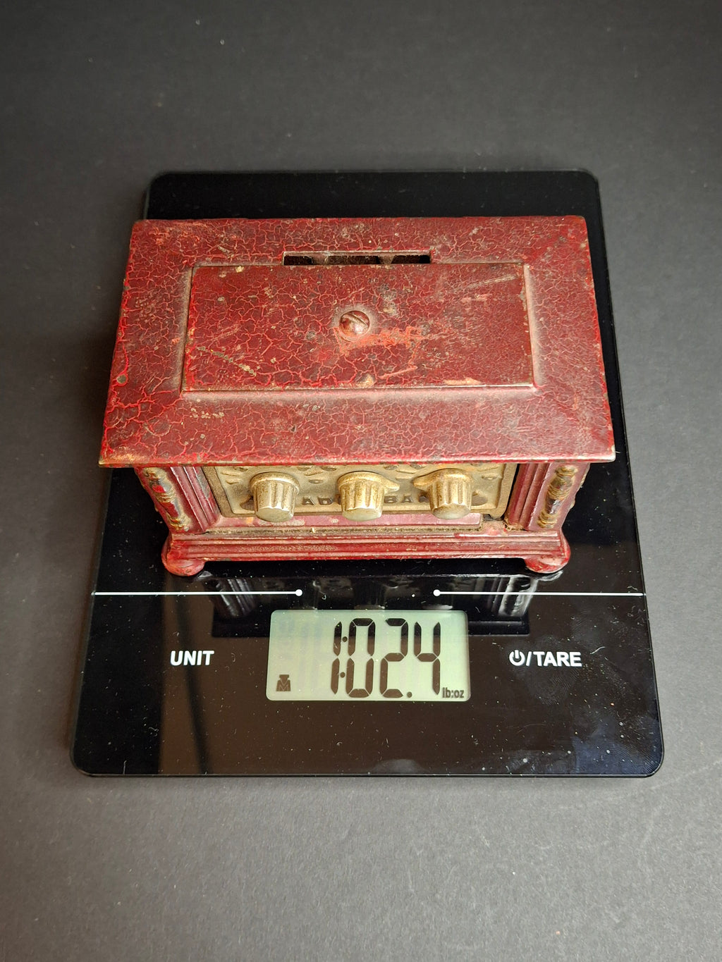 Antique Kenton Toys Cast Iron Radio Bank 1920s Small 3-Dial Safe Red Paint