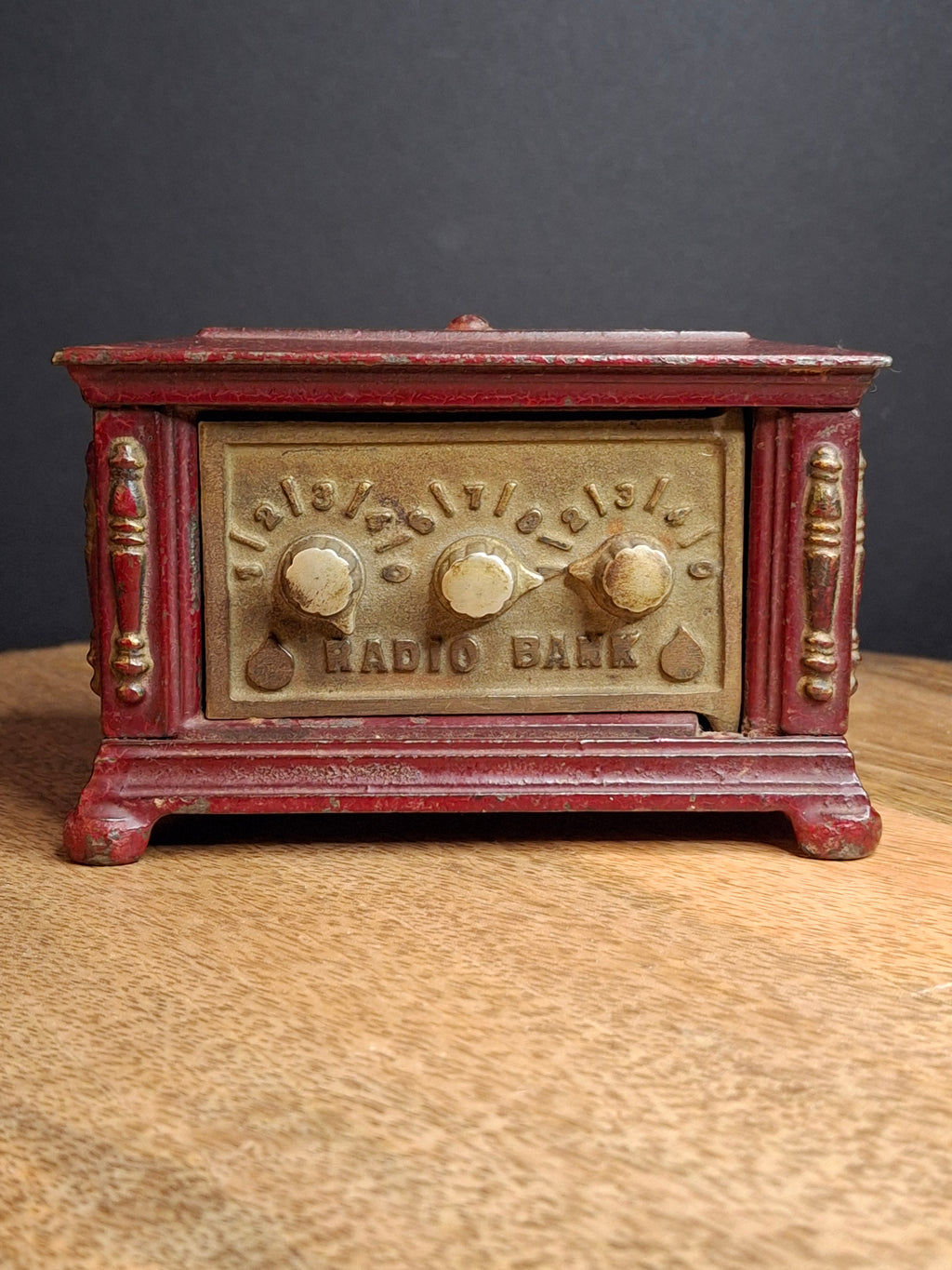 Antique Kenton Toys Cast Iron Radio Bank 1920s Small 3-Dial Safe Red Paint