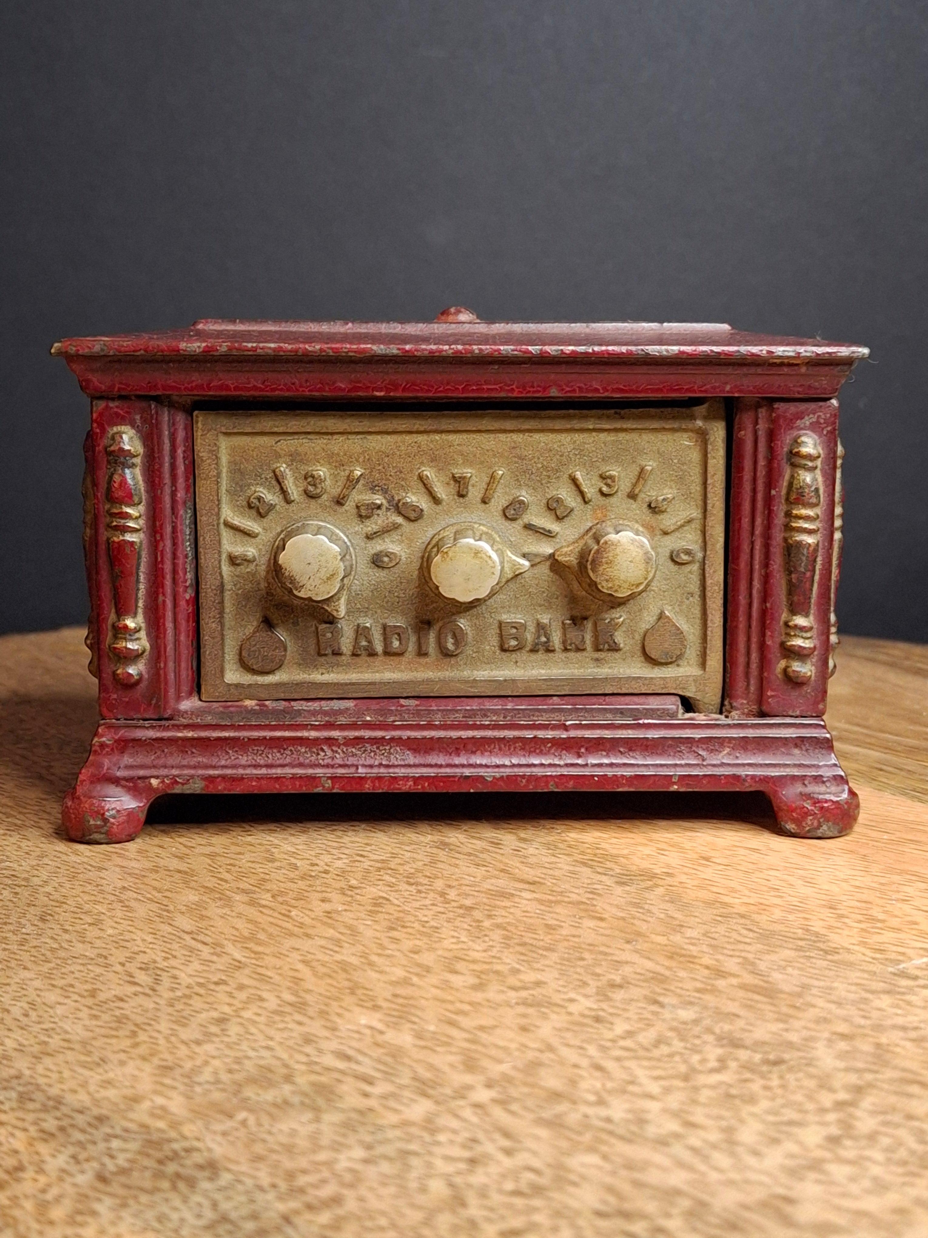 Antique Kenton Toys Cast Iron Radio Bank 1920s Small 3-Dial Safe Red Paint