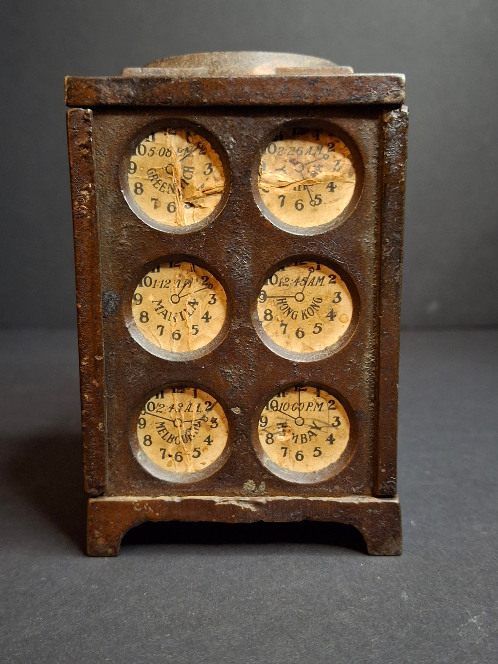 Antique Arcade Cast Iron World Times Clock Still Bank Original Paper Insert C. 1910