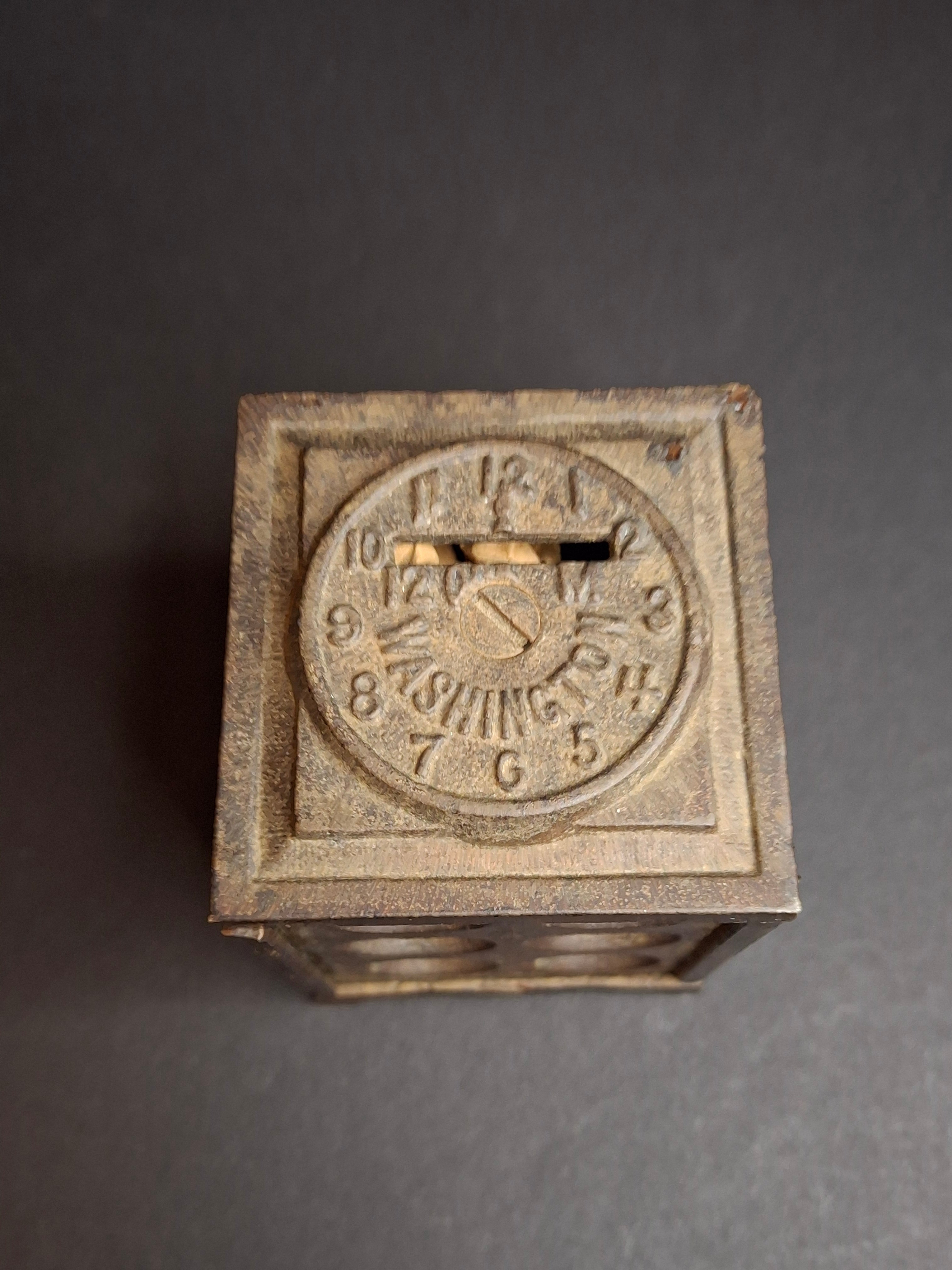 Antique Arcade Cast Iron World Times Clock Still Bank Original Paper Insert C. 1910