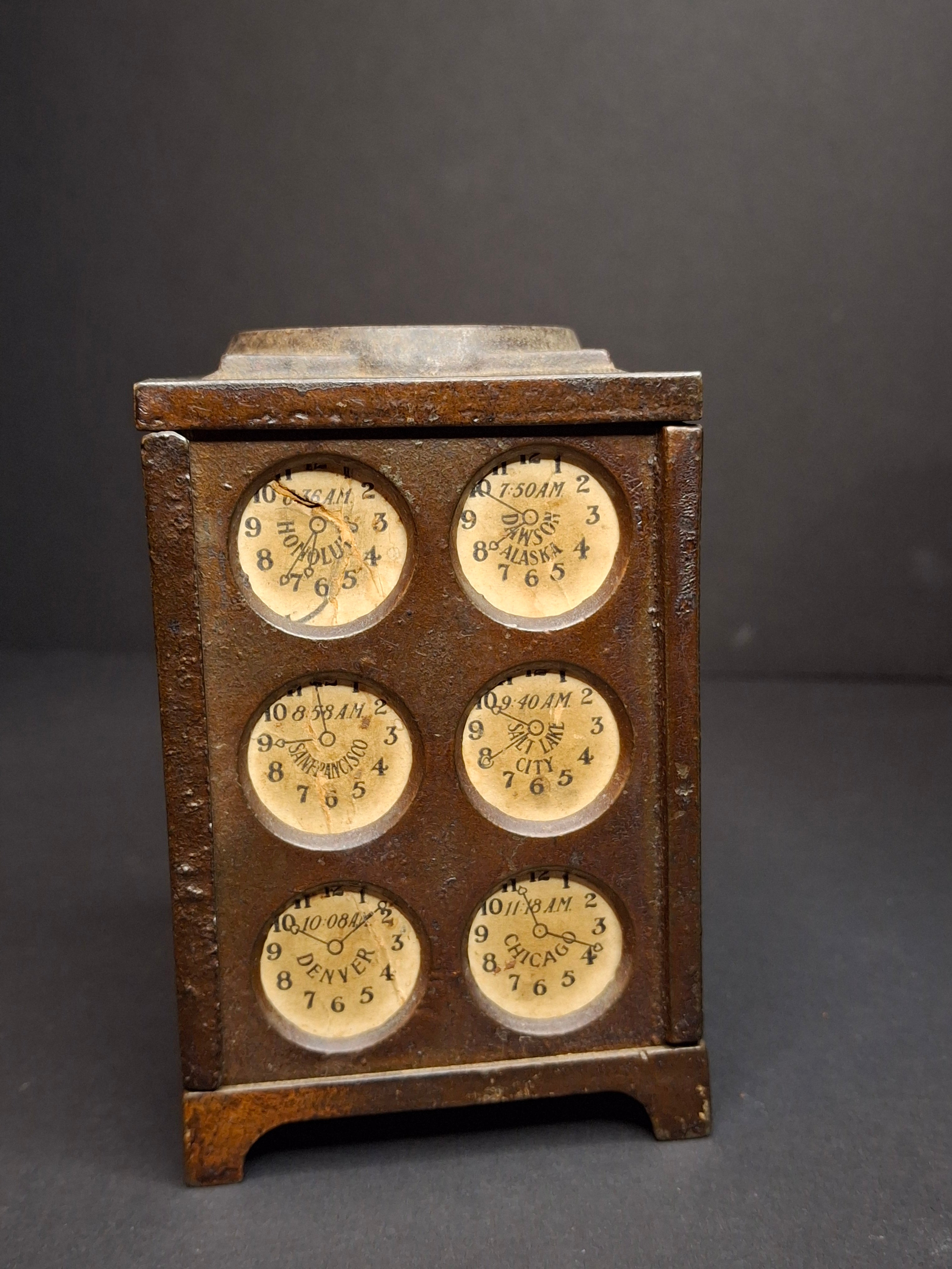 Antique Arcade Cast Iron World Times Clock Still Bank Original Paper Insert C. 1910