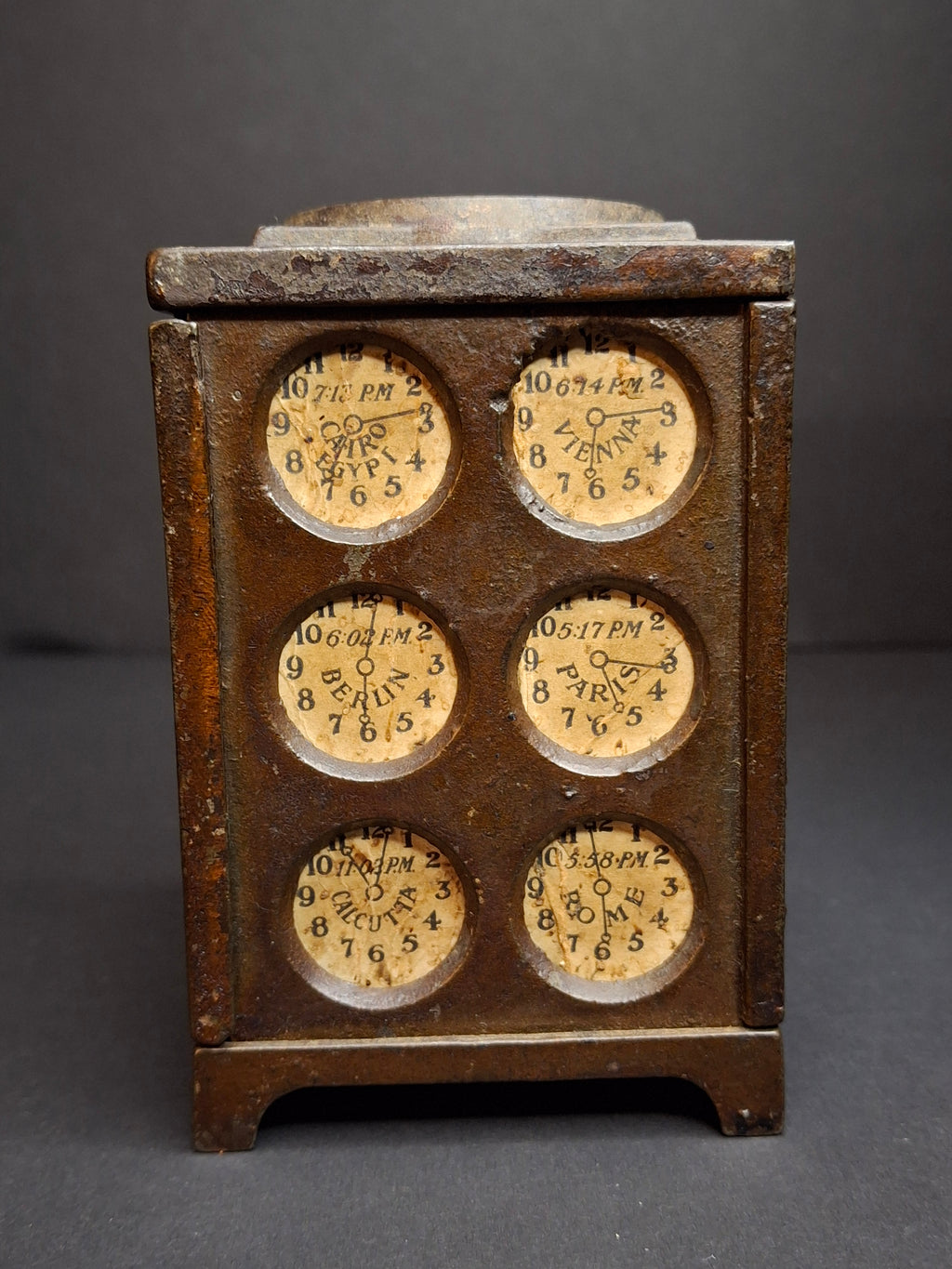 Antique Arcade Cast Iron World Times Clock Still Bank Original Paper Insert C. 1910
