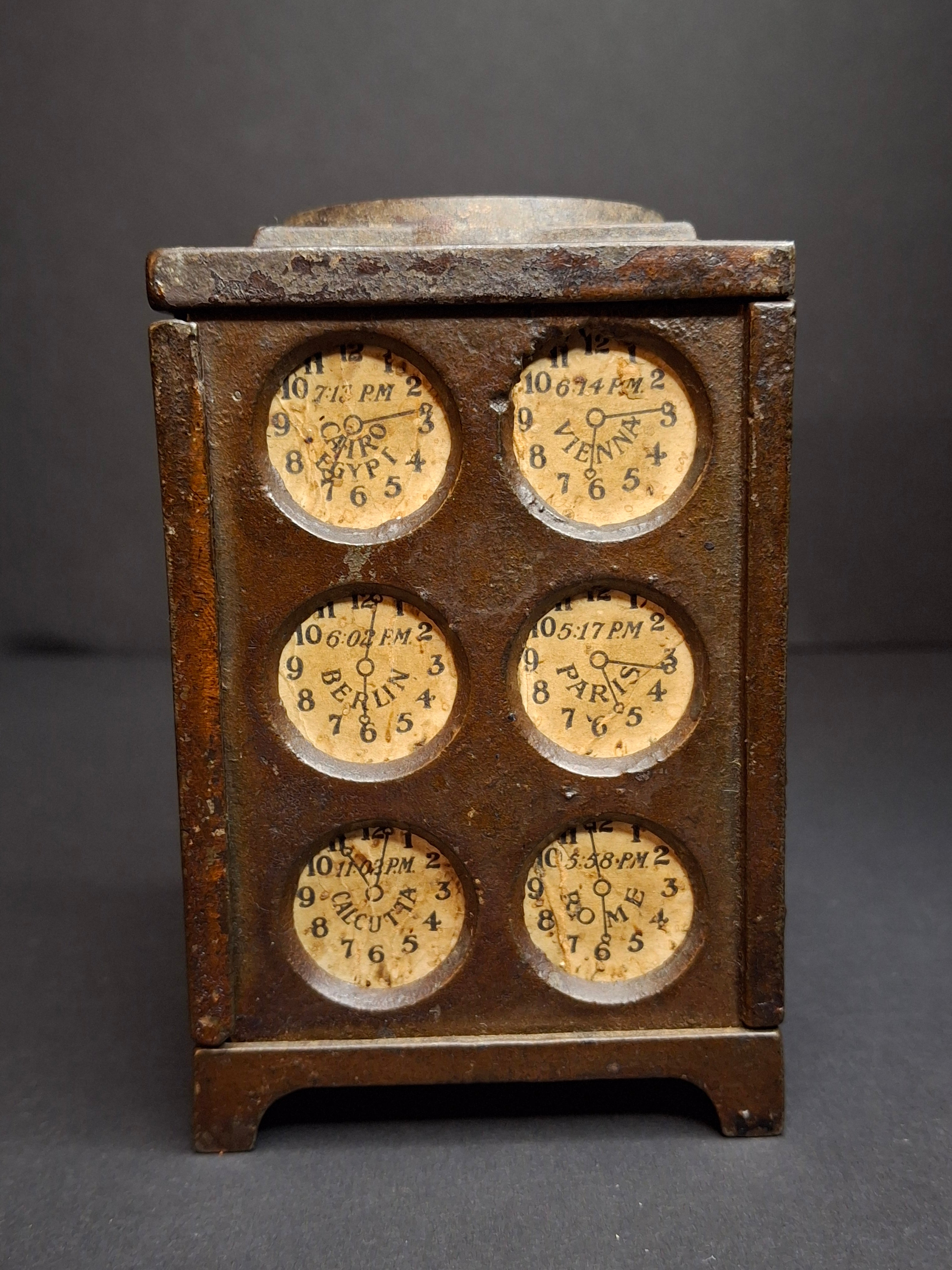 Antique Arcade Cast Iron World Times Clock Still Bank Original Paper Insert C. 1910