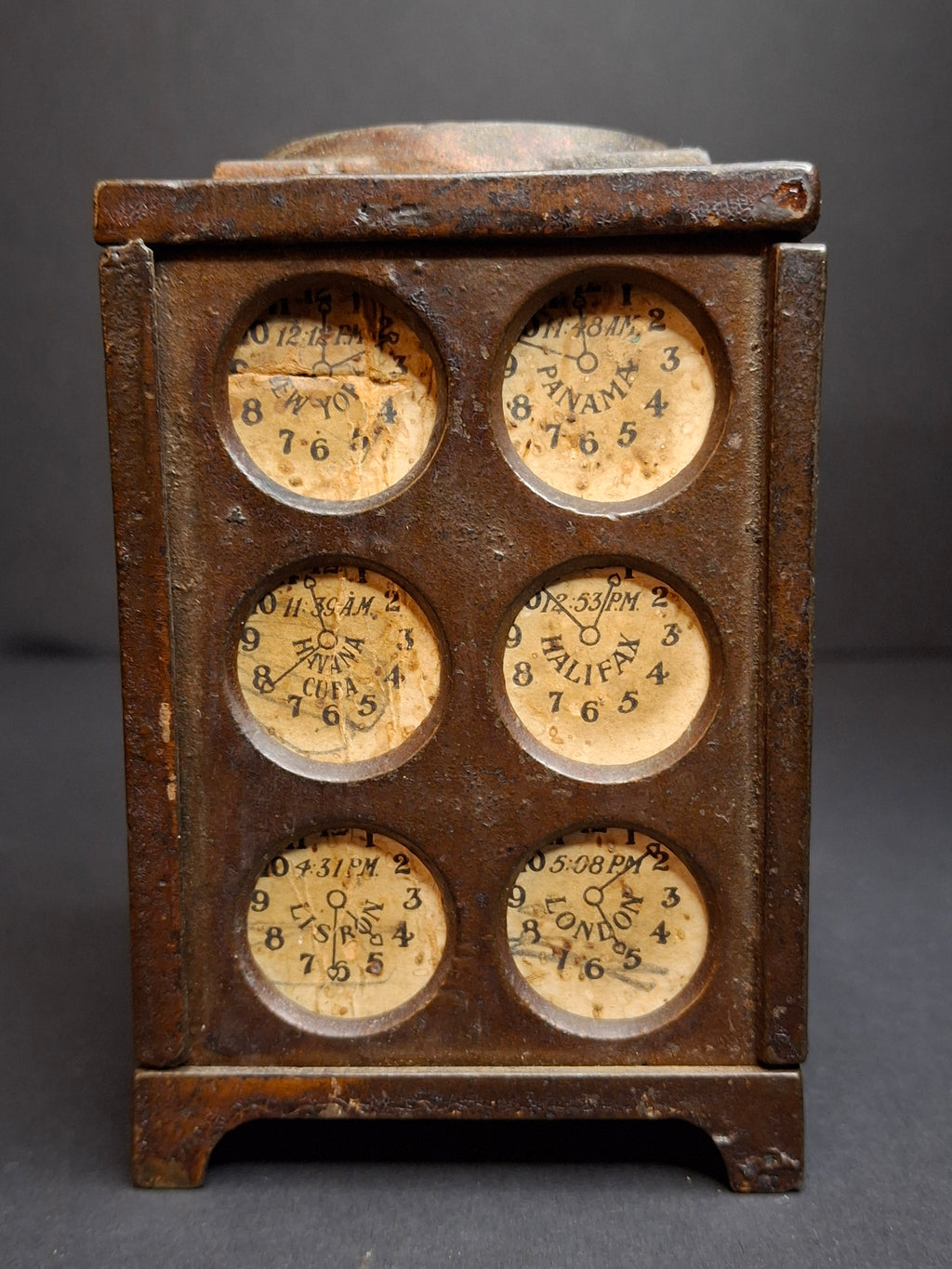 Antique Arcade Cast Iron World Times Clock Still Bank Original Paper Insert C. 1910