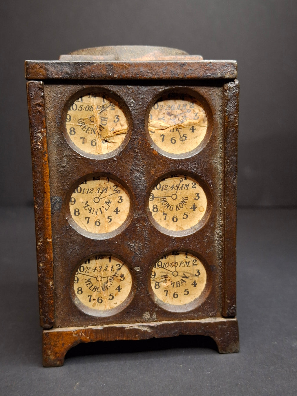 Antique Arcade Cast Iron World Times Clock Still Bank Original Paper Insert C. 1910