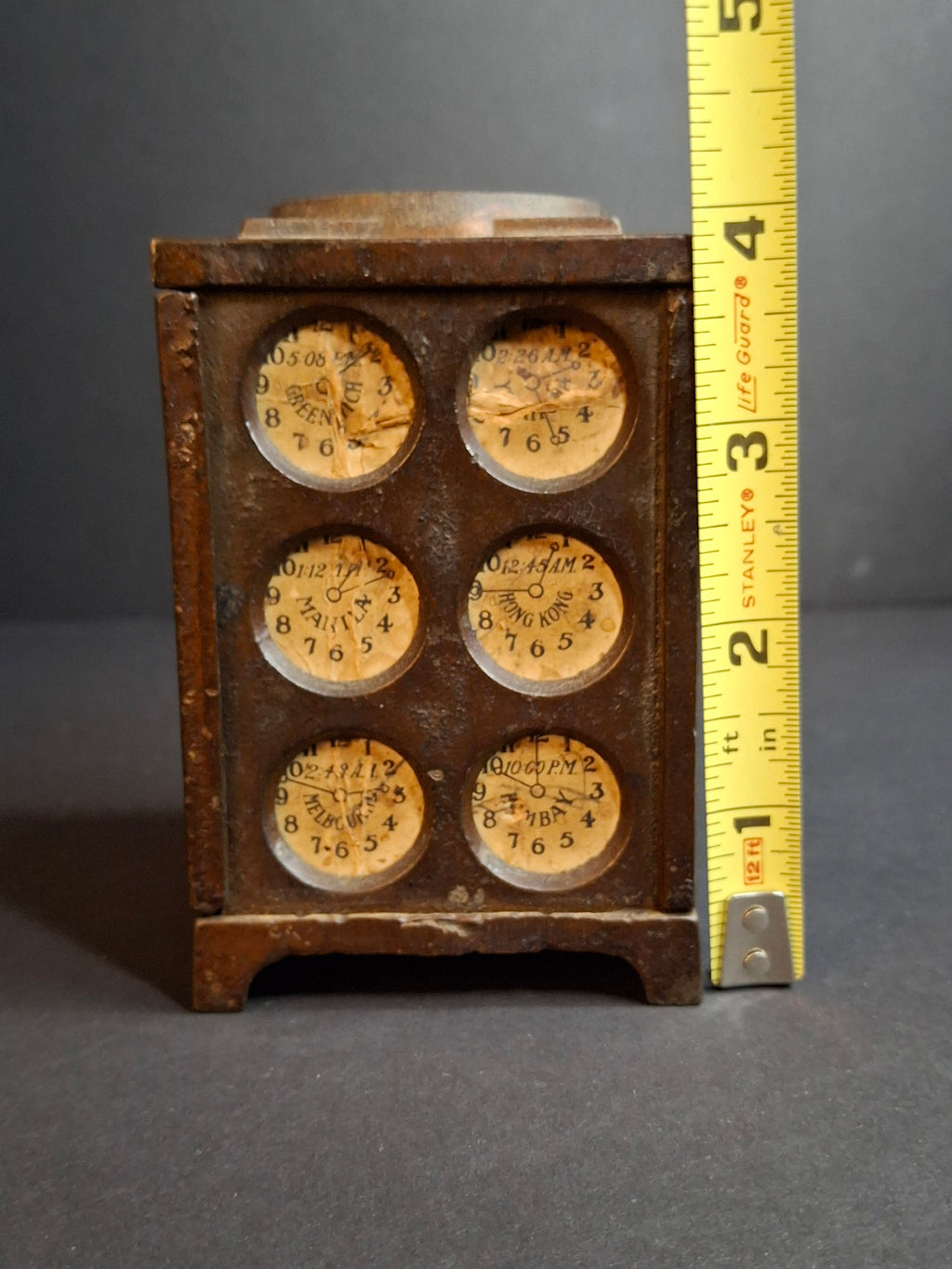 Antique Arcade Cast Iron World Times Clock Still Bank Original Paper Insert C. 1910
