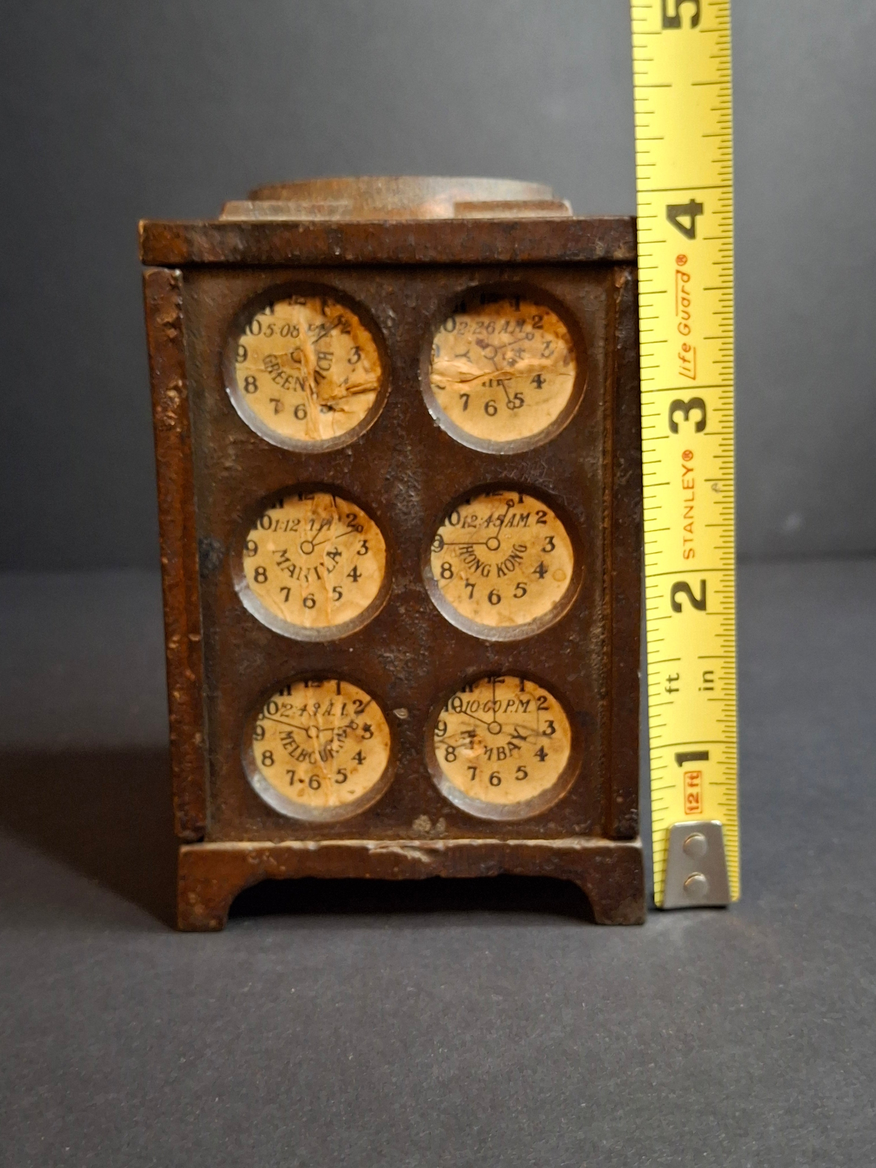 Antique Arcade Cast Iron World Times Clock Still Bank Original Paper Insert C. 1910