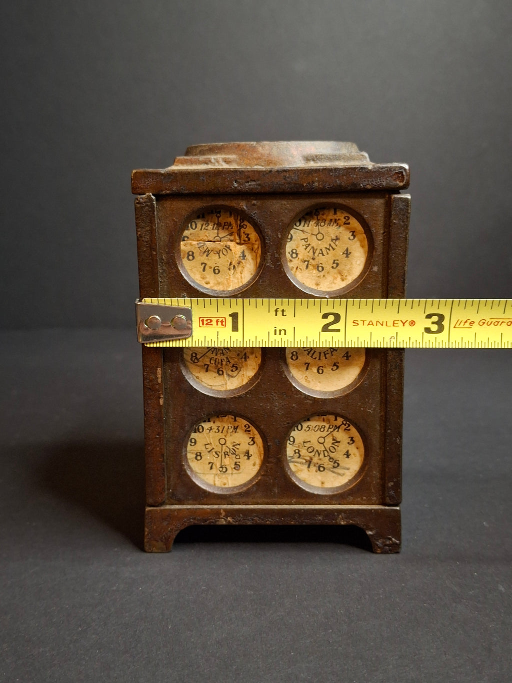 Antique Arcade Cast Iron World Times Clock Still Bank Original Paper Insert C. 1910