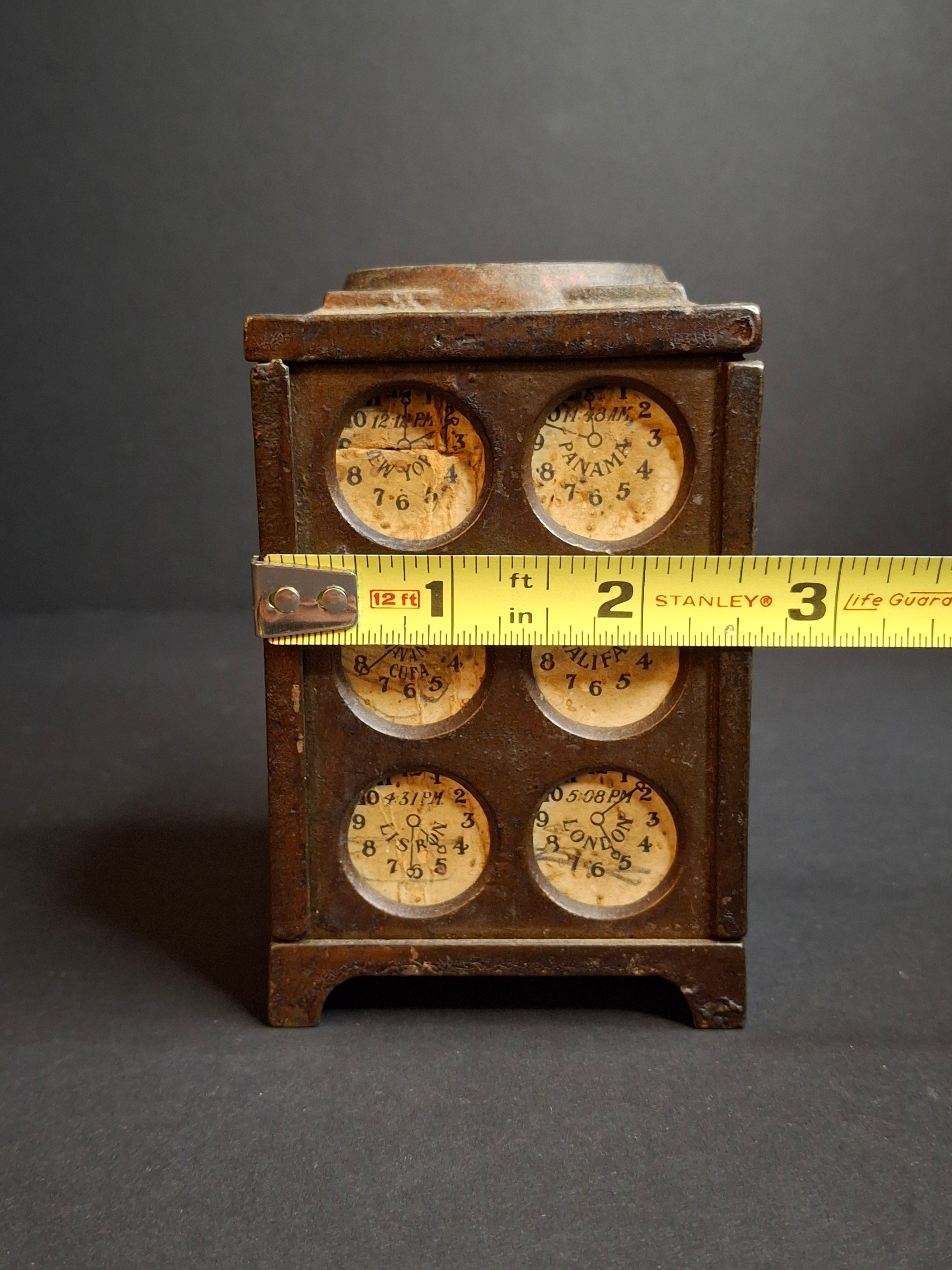 Antique Arcade Cast Iron World Times Clock Still Bank Original Paper Insert C. 1910