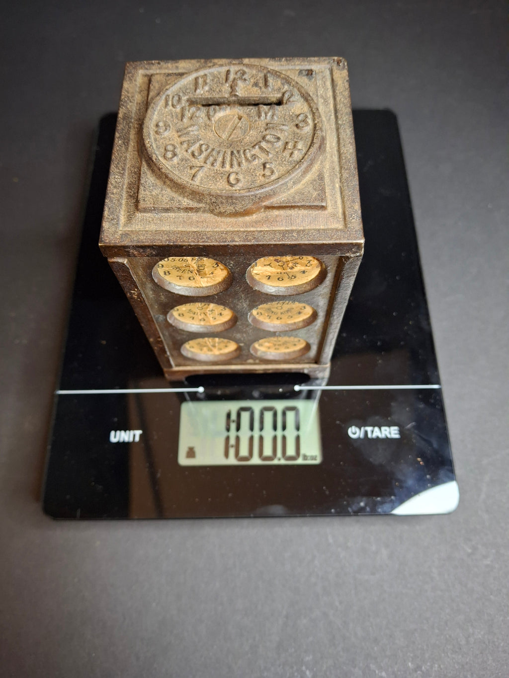 Antique Arcade Cast Iron World Times Clock Still Bank Original Paper Insert C. 1910