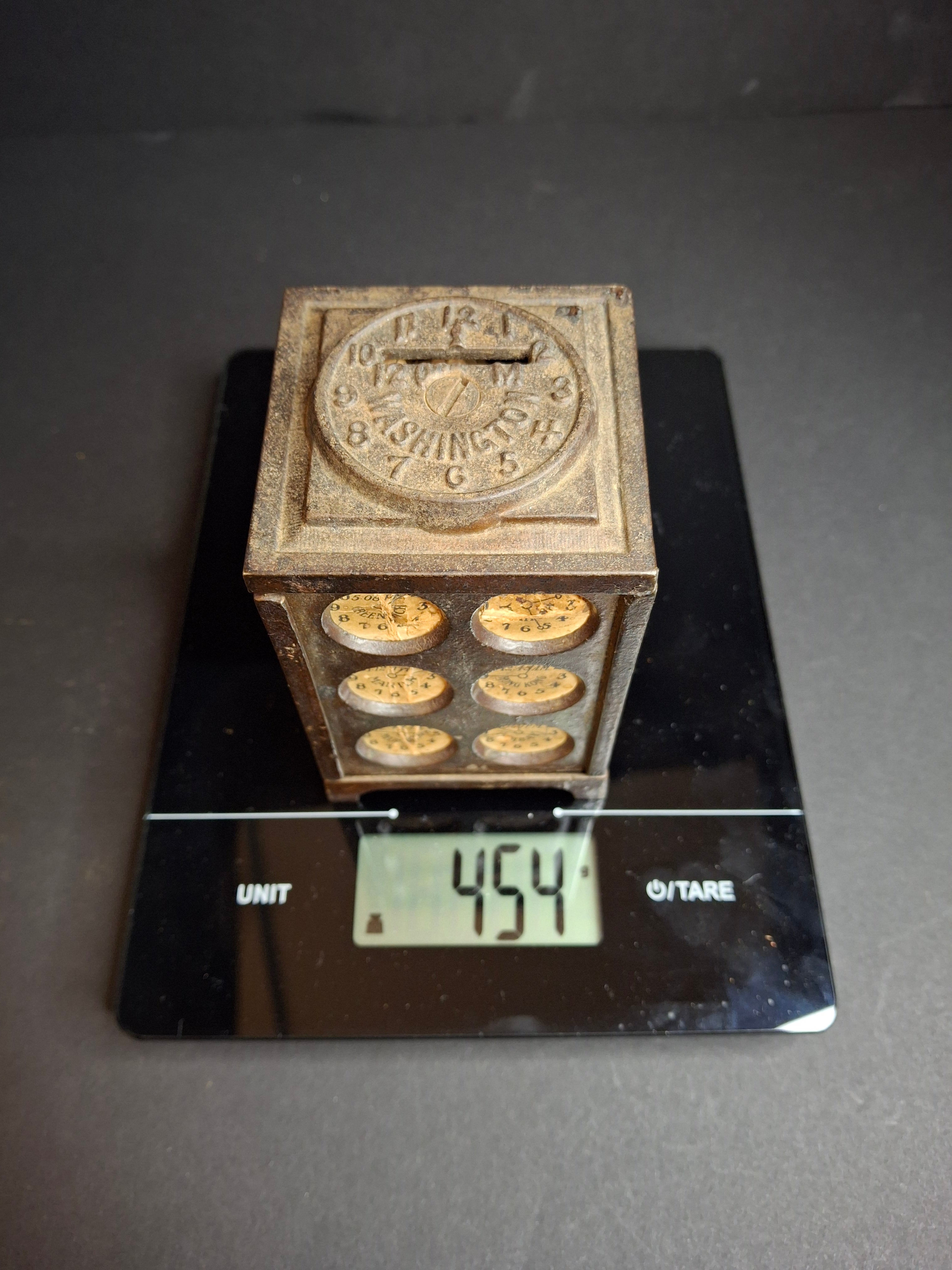 Antique Arcade Cast Iron World Times Clock Still Bank Original Paper Insert C. 1910