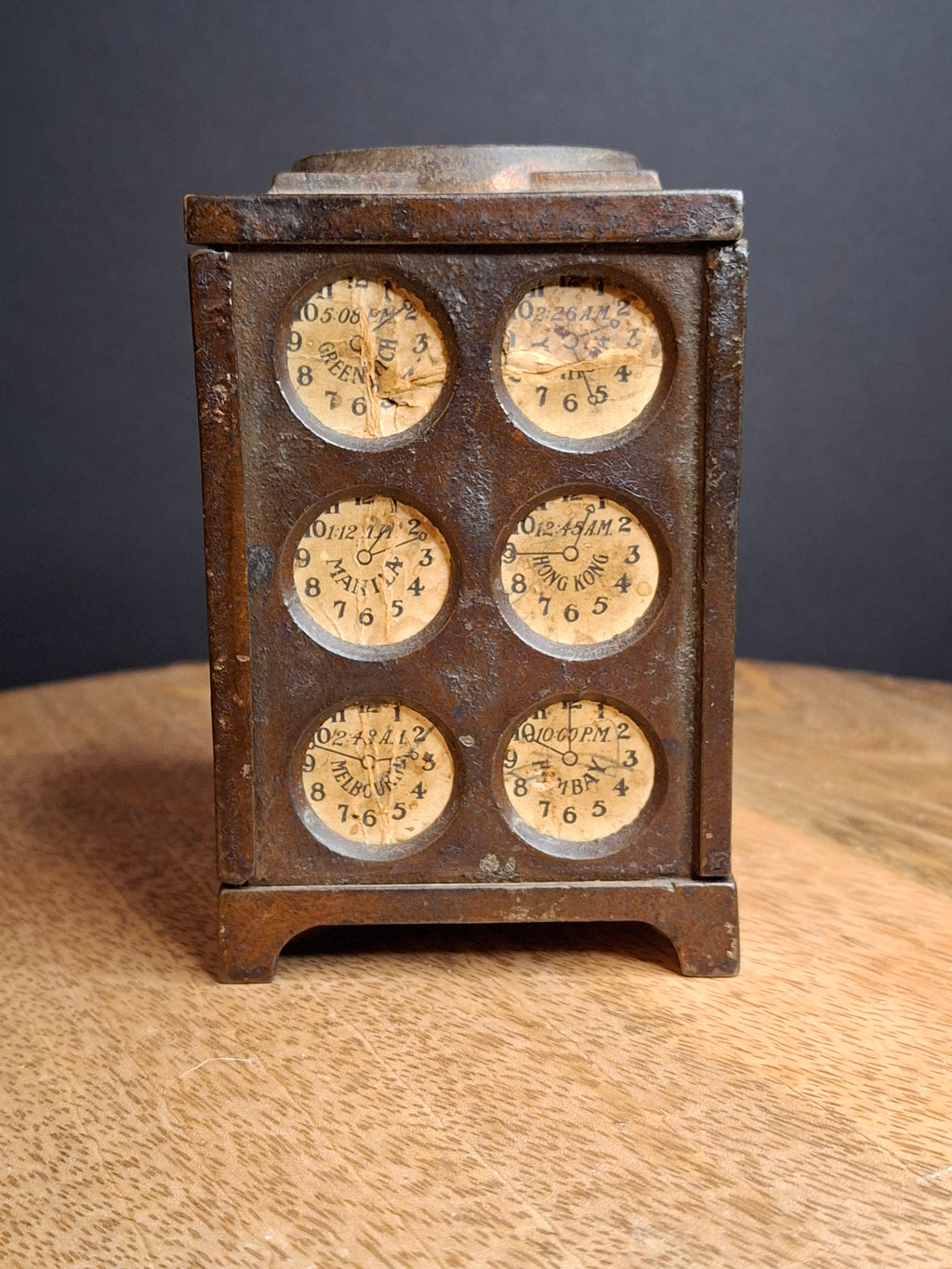 Antique Arcade Cast Iron World Times Clock Still Bank Original Paper Insert C. 1910