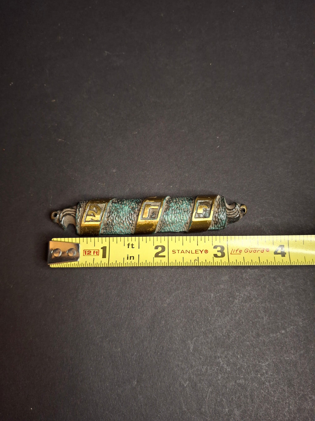 Vintage Brass Mezuzah Case with Patina Finish & Hebrew Shaddai Script 3.25"