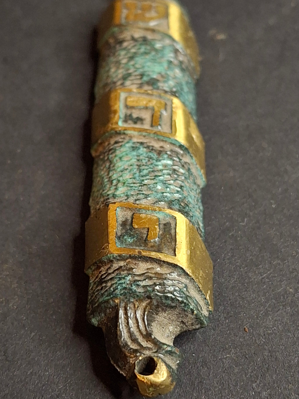 Vintage Brass Mezuzah Case with Patina Finish & Hebrew Shaddai Script 3.25"