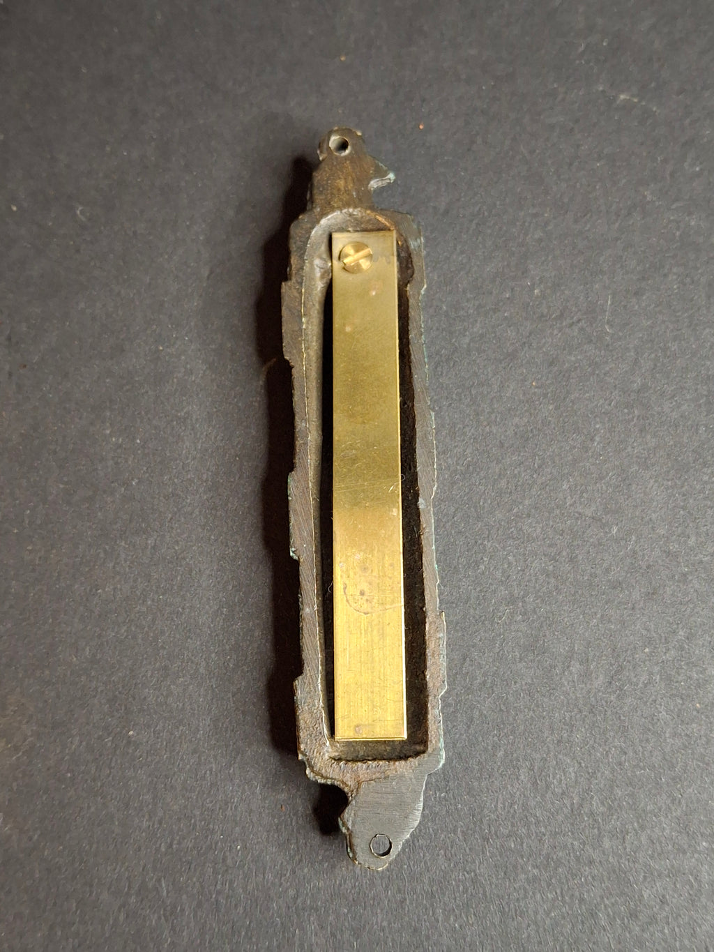 Vintage Brass Mezuzah Case with Patina Finish & Hebrew Shaddai Script 3.25"