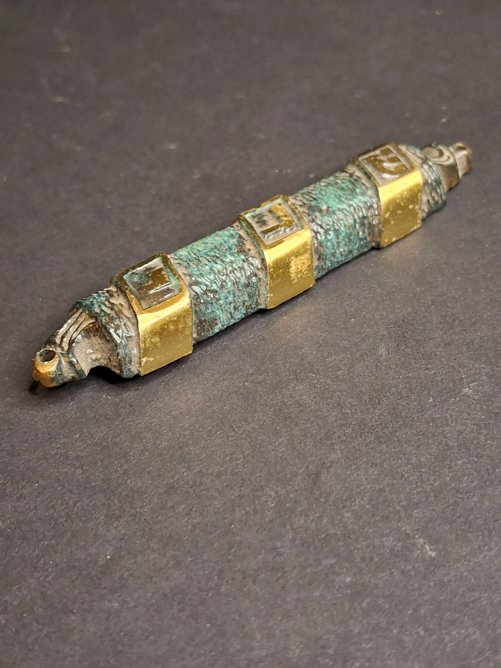 Vintage Brass Mezuzah Case with Patina Finish & Hebrew Shaddai Script 3.25"