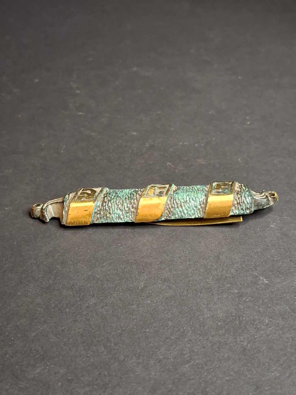 Vintage Brass Mezuzah Case with Patina Finish & Hebrew Shaddai Script 3.25"