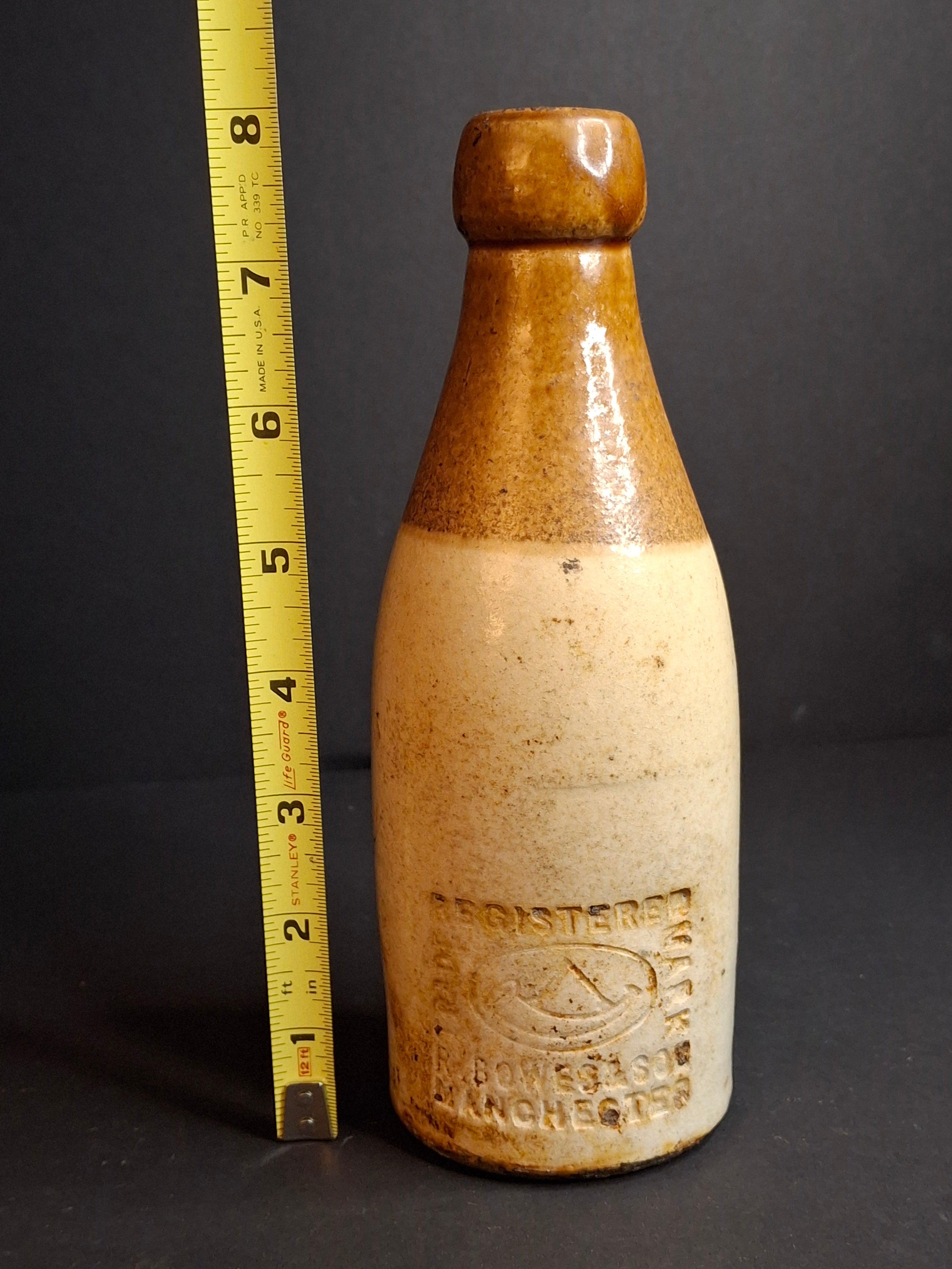 Antique 19th C. English Stoneware Ginger Beer Bottle - R. Bowes & Son Manchester