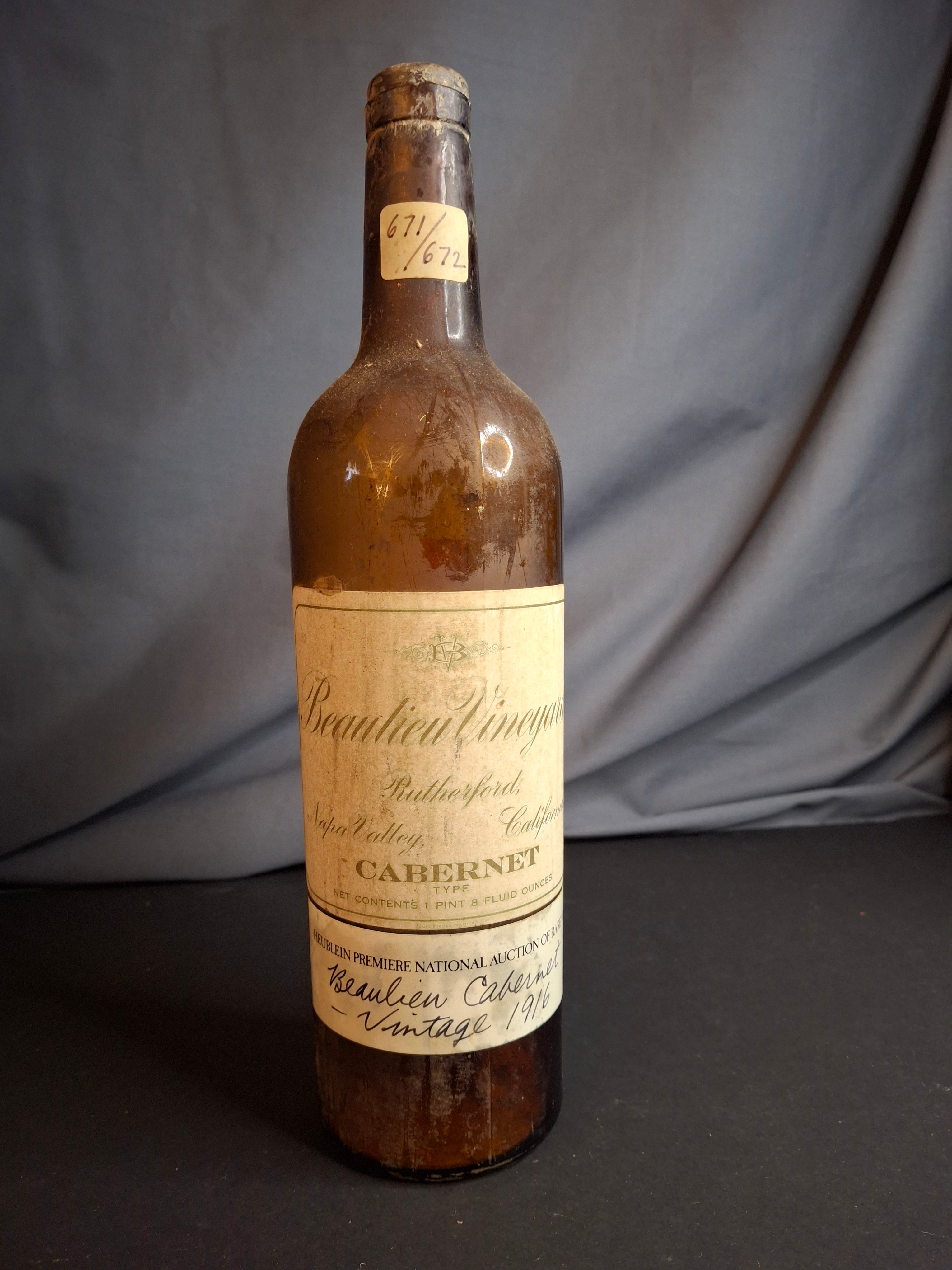 Rare 1916 Beaulieu Vineyard Cabernet Empty Bottle Heublein Auction 1914 Tax Stamp