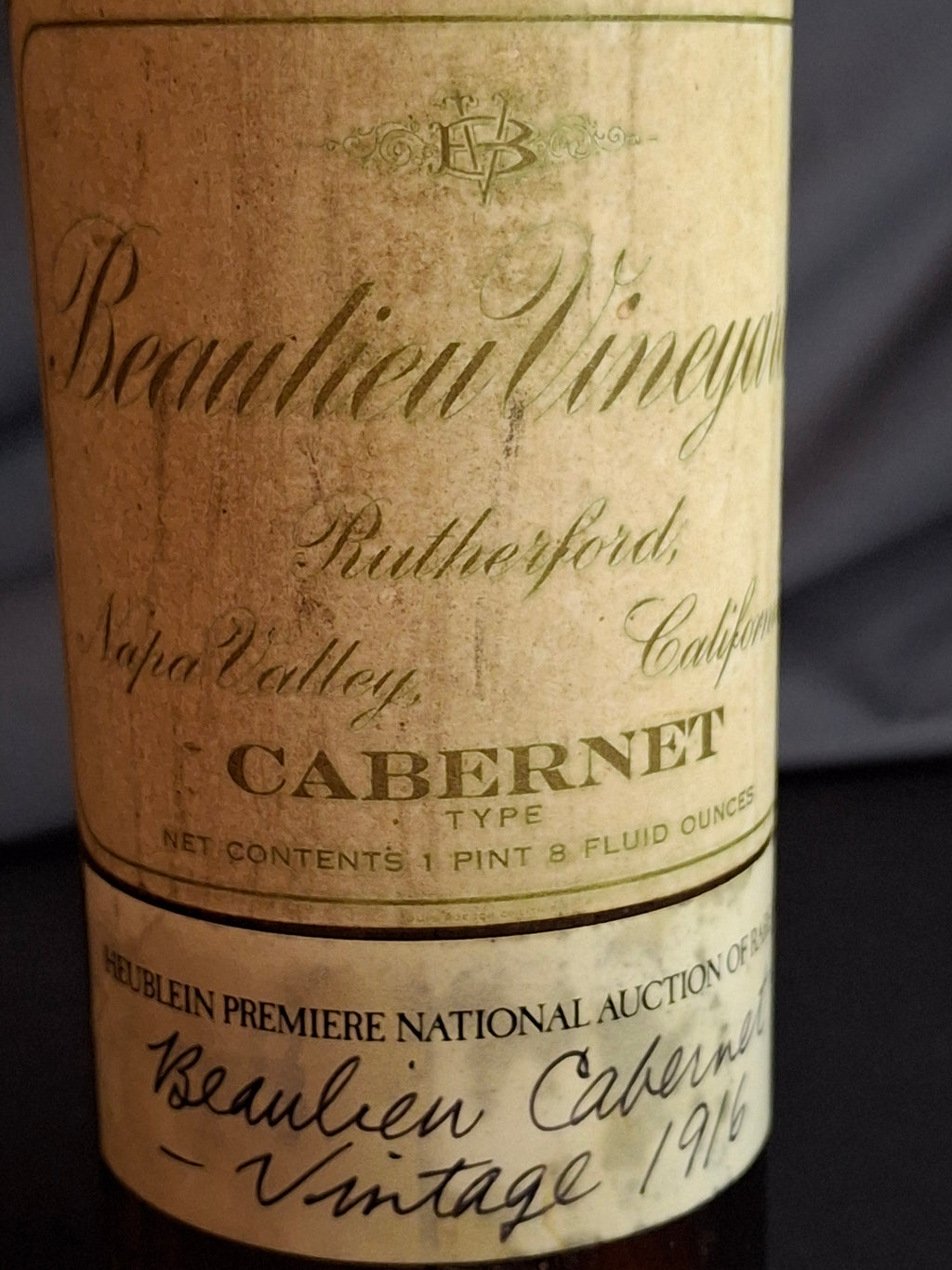 Rare 1916 Beaulieu Vineyard Cabernet Empty Bottle Heublein Auction 1914 Tax Stamp