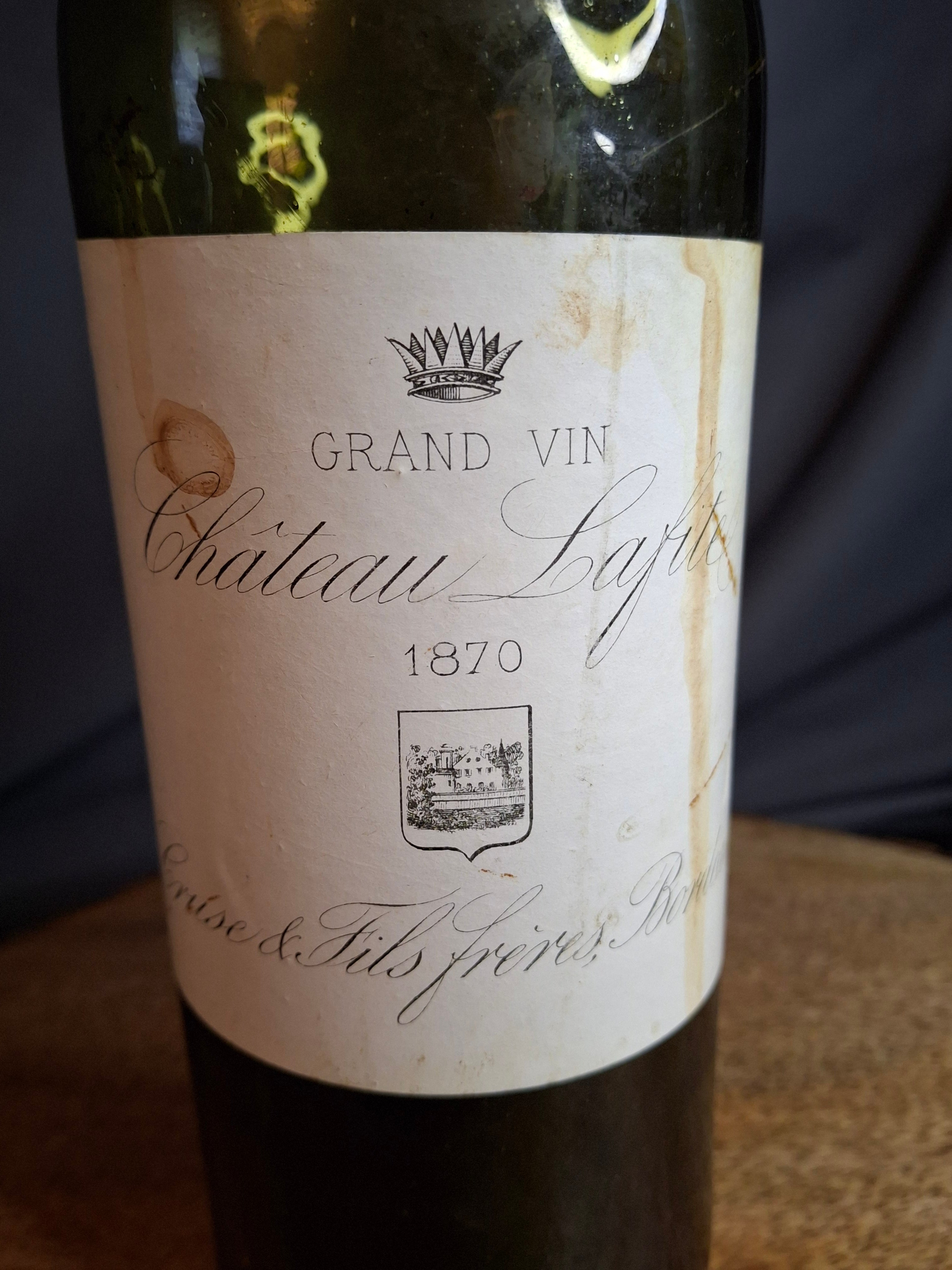 Antique 1870 Chateau Lafite Rothschild Empty Wine Bottle | Cruse & Fils Frères Négociant Label | Pre-Phylloxera Blown Glass With Shoulder Seal