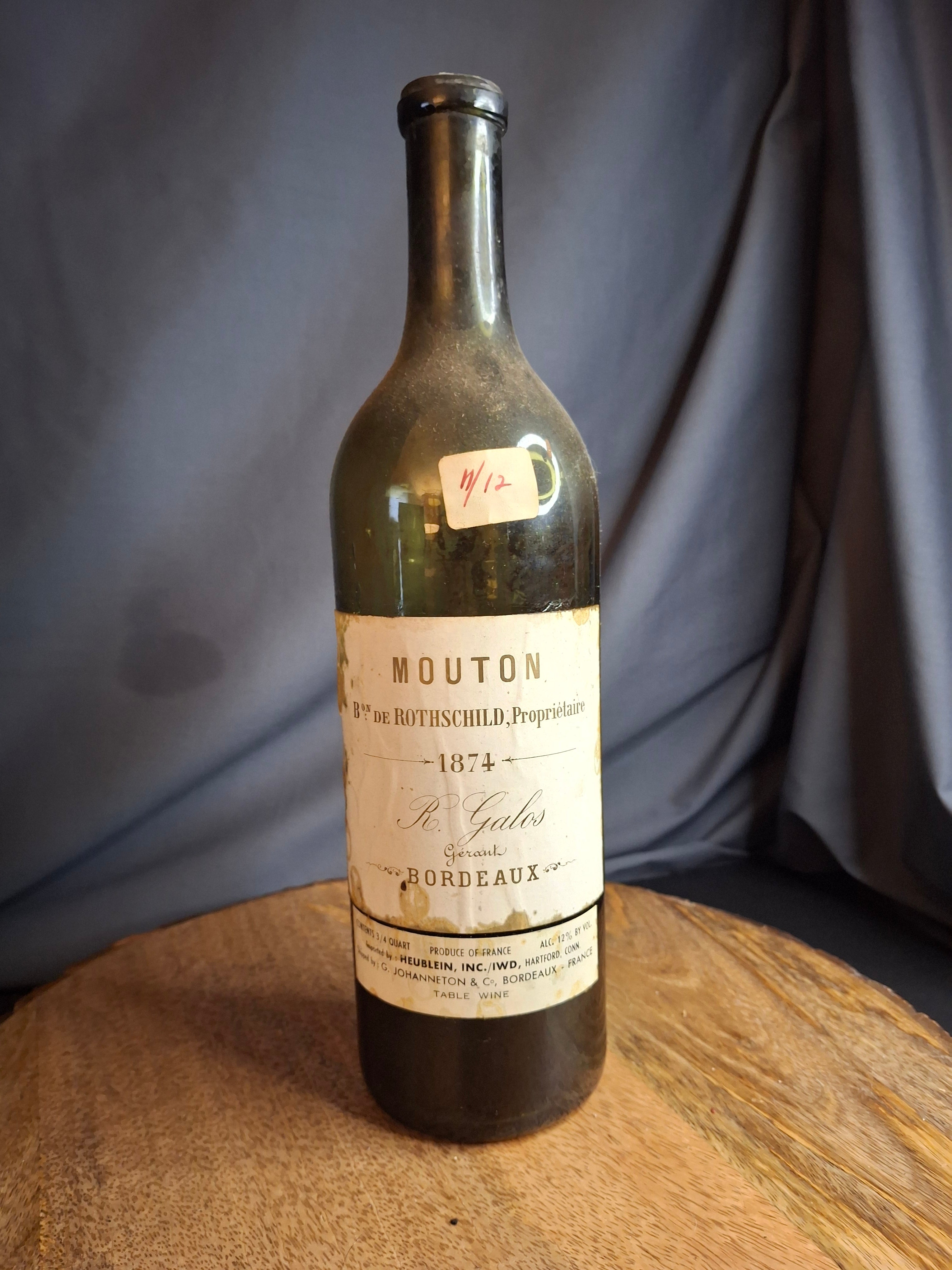 RARE 1874 Chateau Mouton Rothschild Empty Wine Bottle & Original Cork R. Galos