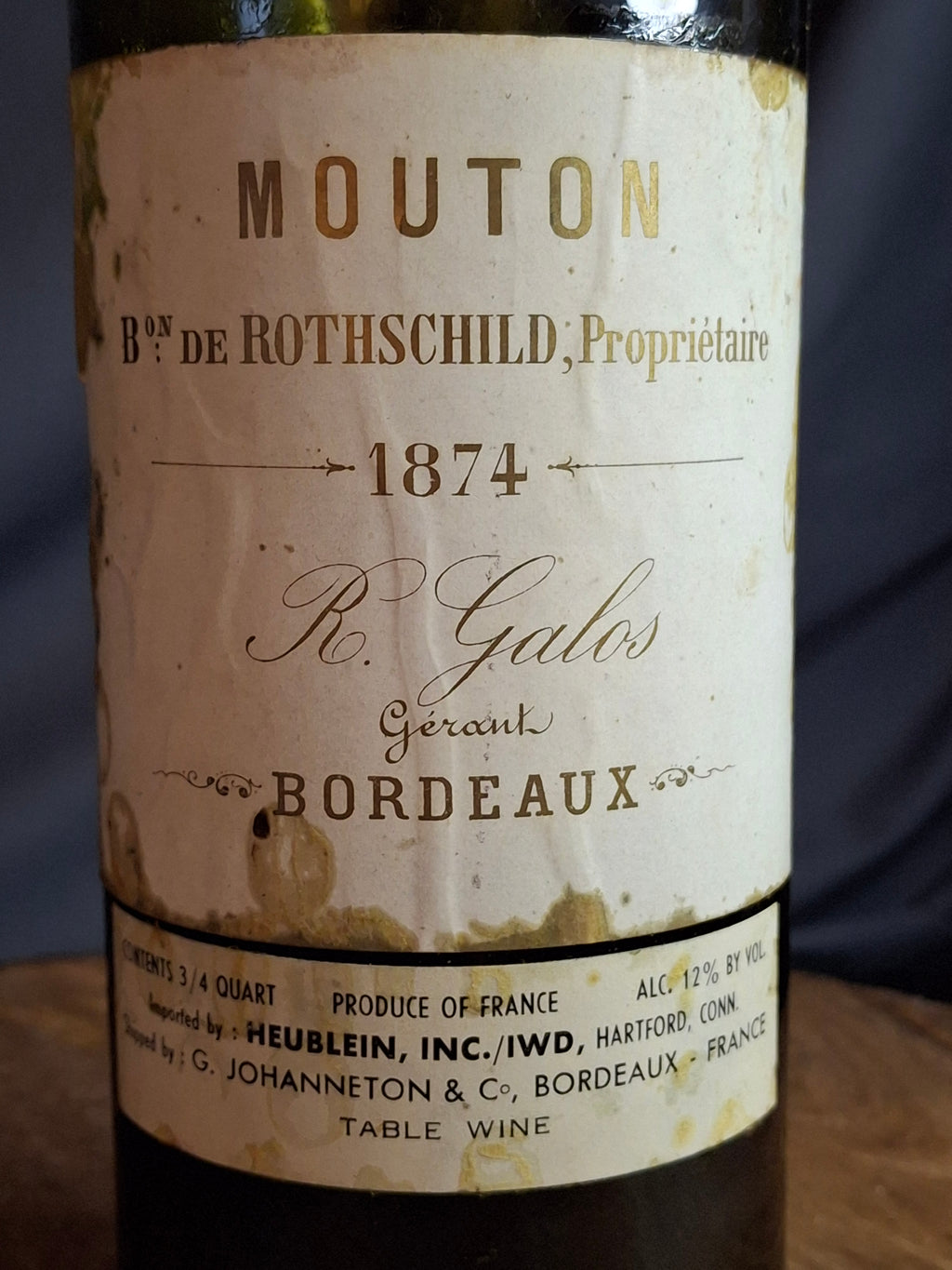 RARE 1874 Chateau Mouton Rothschild Empty Wine Bottle & Original Cork R. Galos