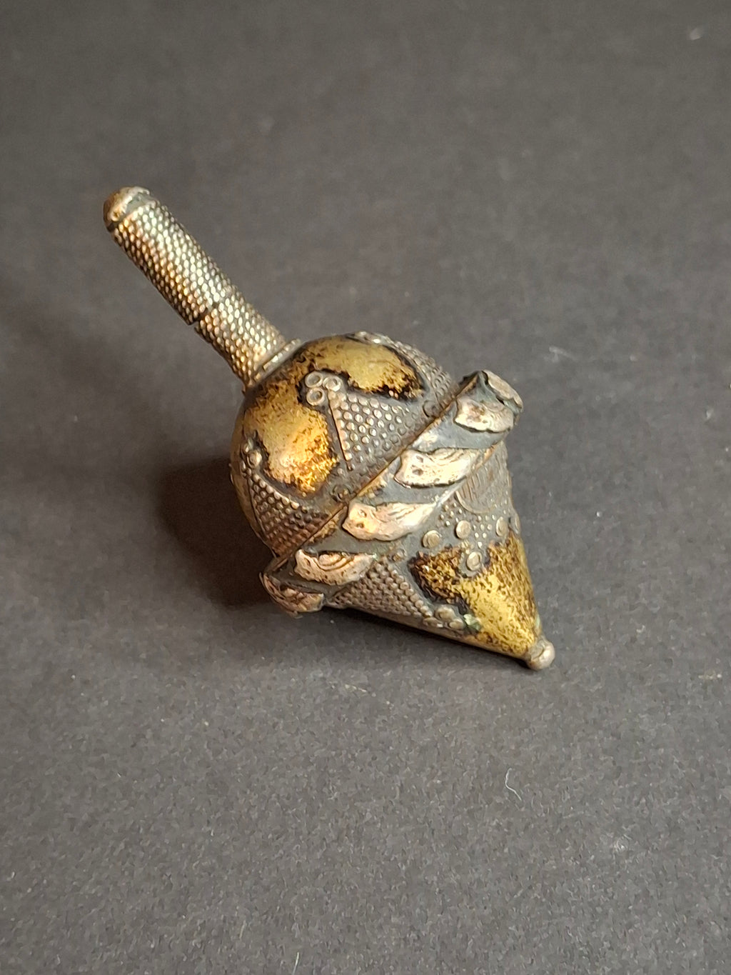Antique Silver Spinning Top Dreidel, Gilt and Filigree, Central Asian Judaica