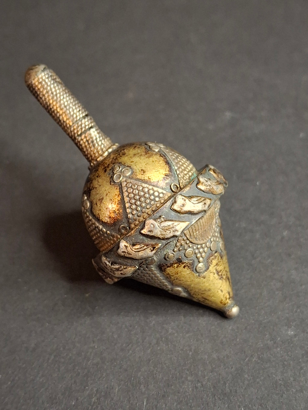 Antique Silver Spinning Top Dreidel, Gilt and Filigree, Central Asian Judaica