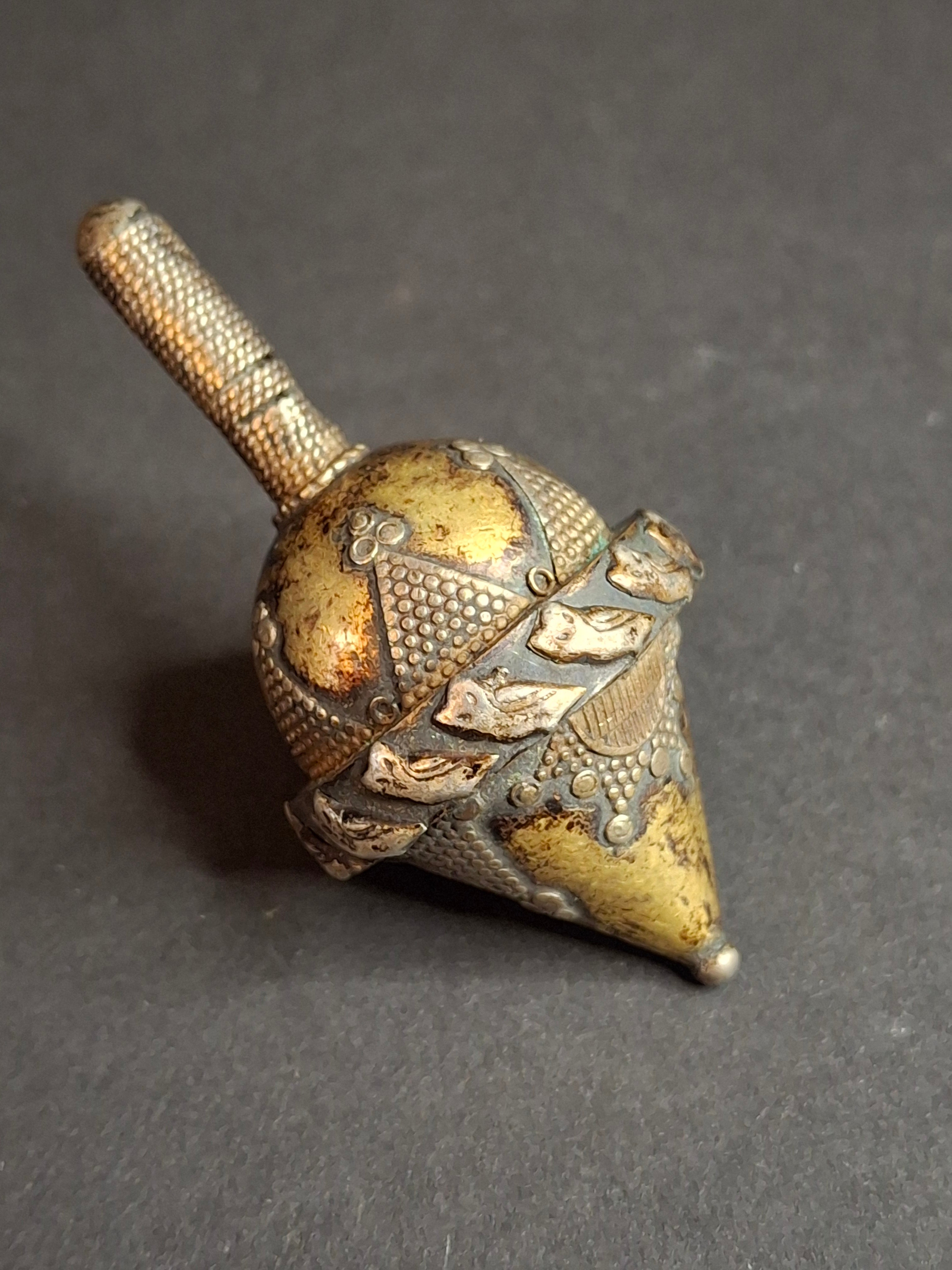 Antique Silver Spinning Top Dreidel, Gilt and Filigree, Central Asian Judaica