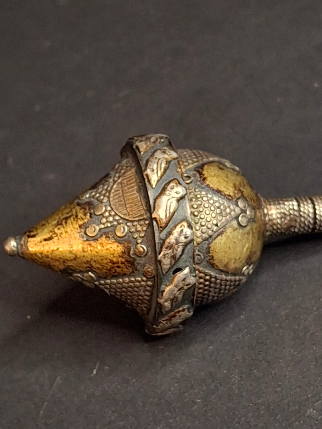 Antique Silver Spinning Top Dreidel, Gilt and Filigree, Central Asian Judaica