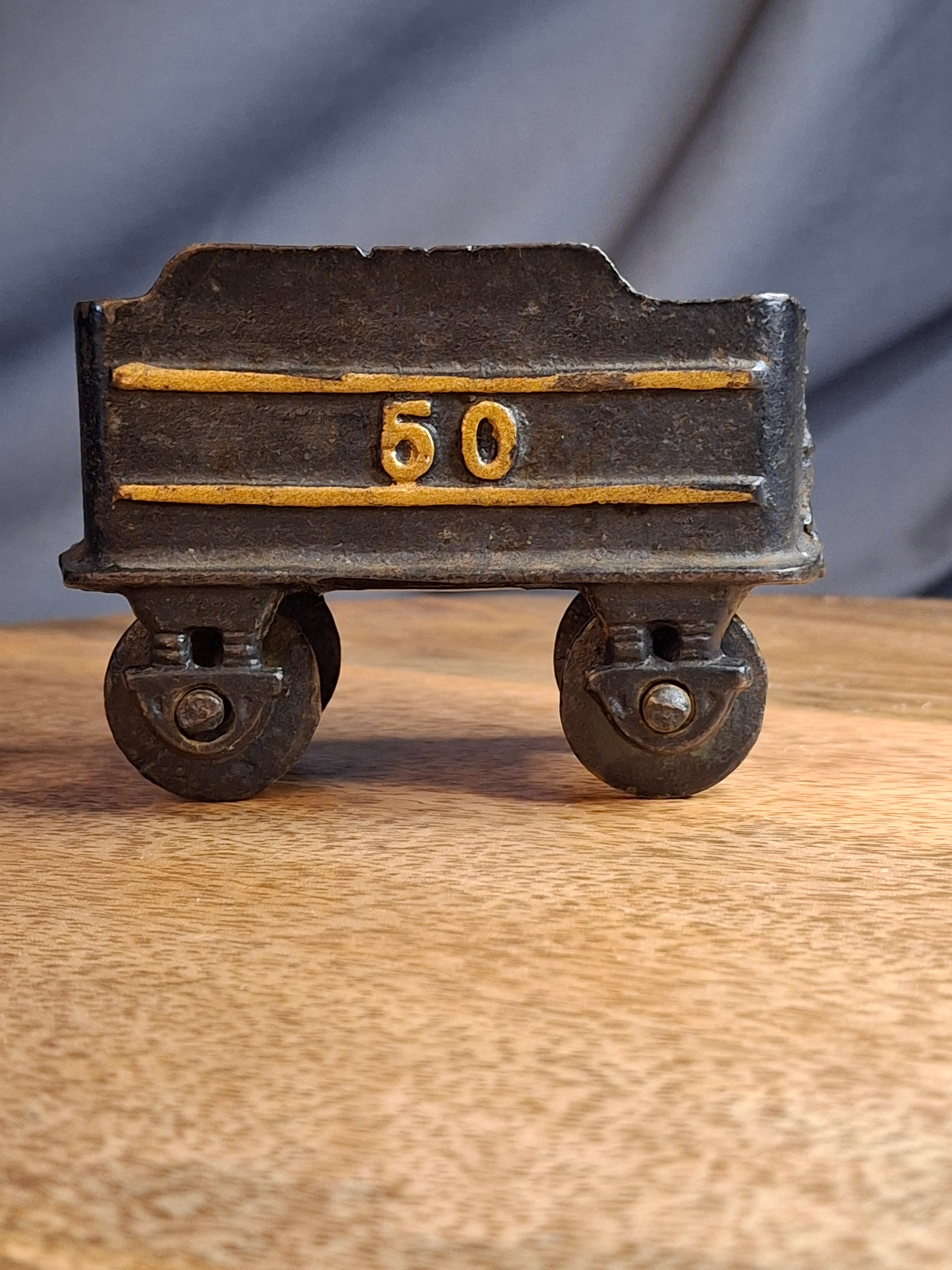 Vintage Japanese Cast Iron Train Coal Car Tender No. 50 Floor Toy, Working Wheels