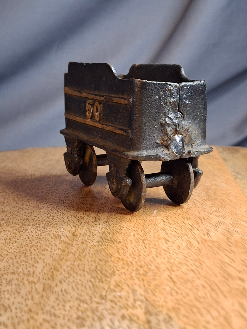 Vintage Japanese Cast Iron Train Coal Car Tender No. 50 Floor Toy, Working Wheels