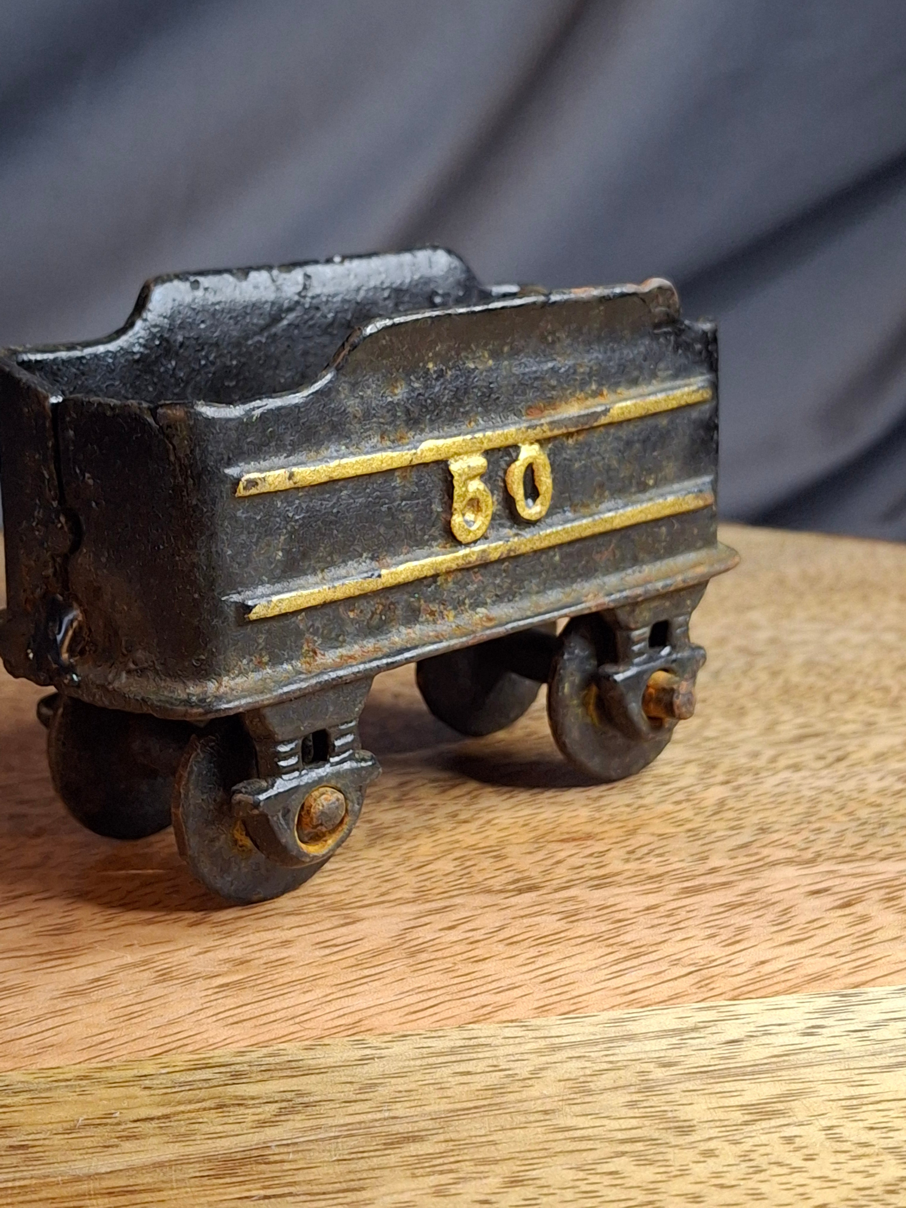 Vintage Japanese Cast Iron Train Coal Car Tender No. 50 Floor Toy, Working Wheels